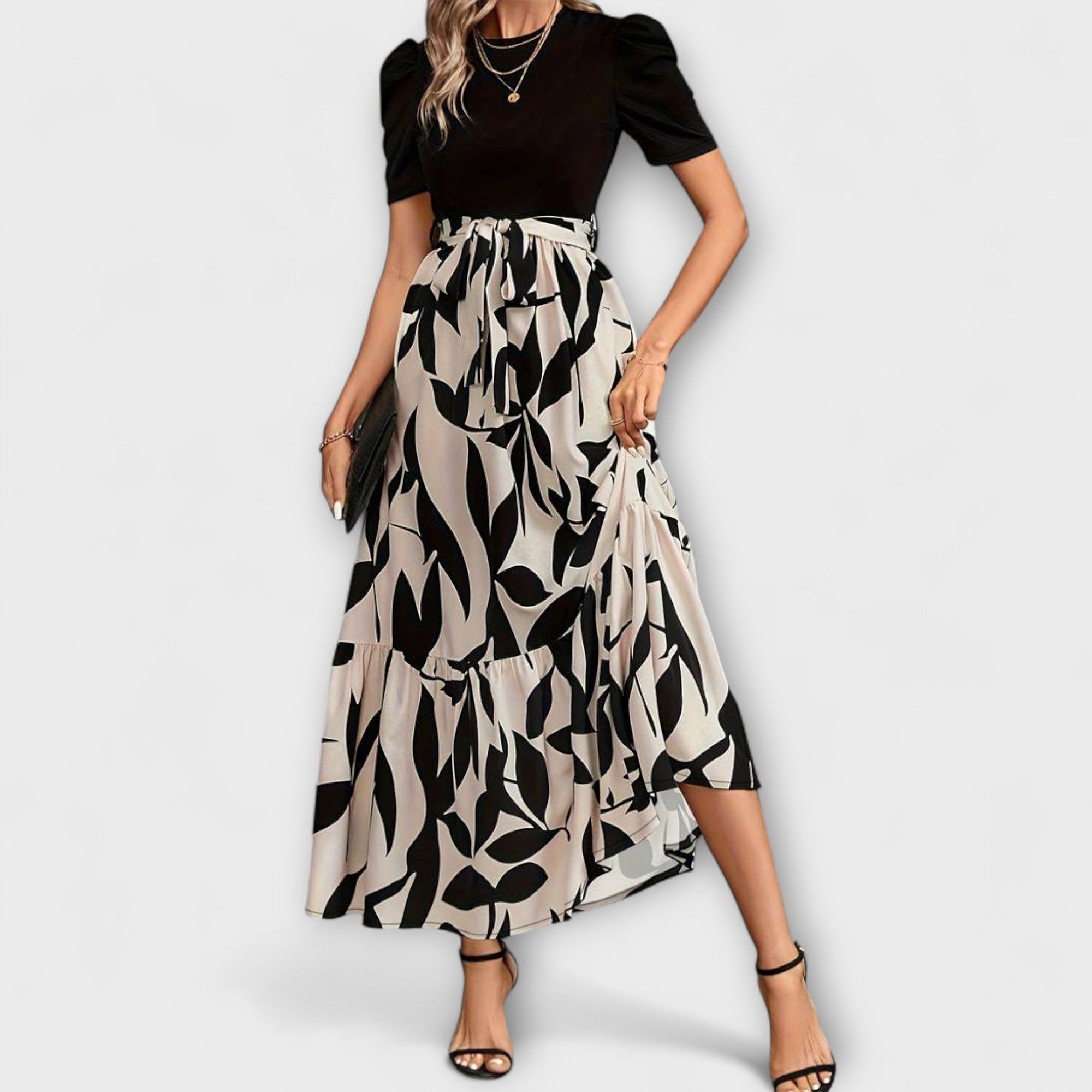 Maxikleid Damen | Elegant Zweifarbig mit Blattdruck & Bindegürtel