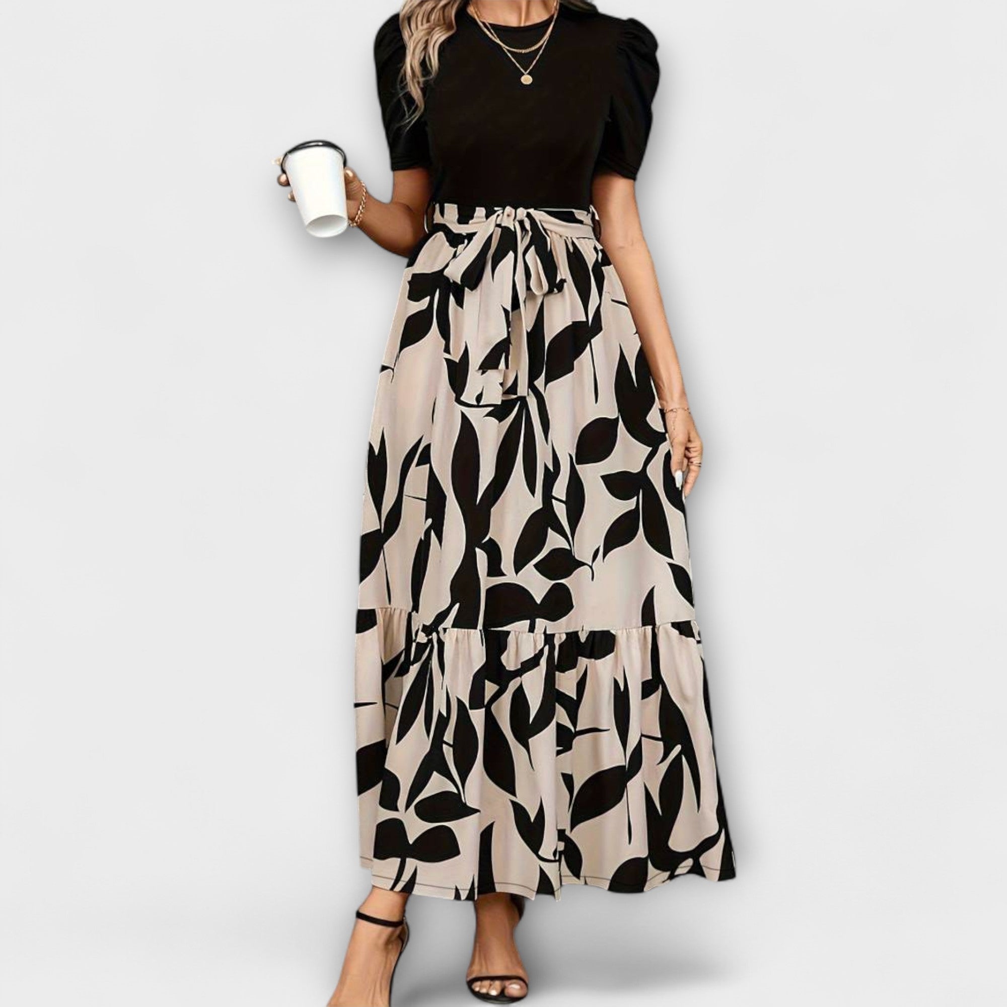 Maxikleid Damen | Elegant Zweifarbig mit Blattdruck & Bindegürtel