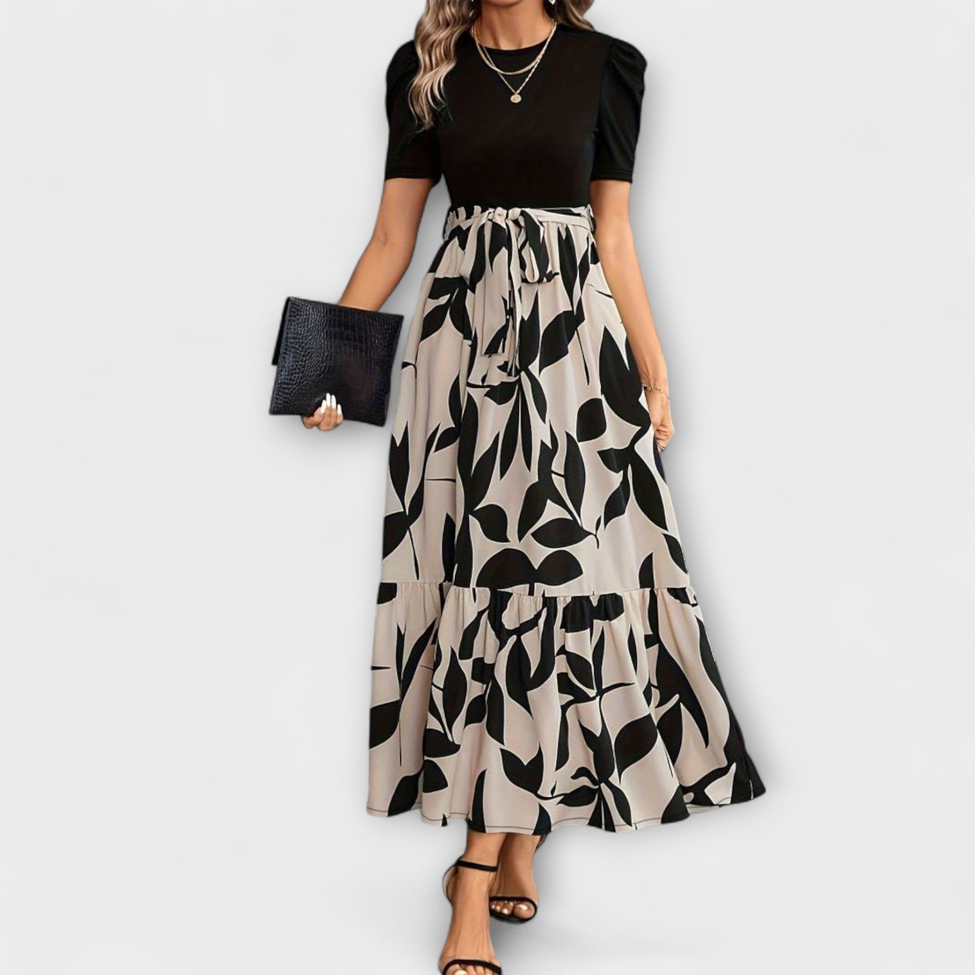 Maxikleid Damen | Elegant Zweifarbig mit Blattdruck & Bindegürtel
