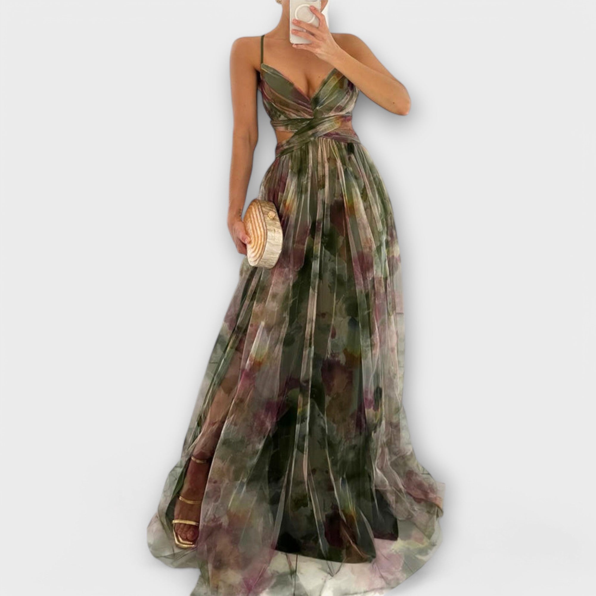 Maxikleid Damen | Festlich Tüll mit Aquarell-Print & Cut-Out