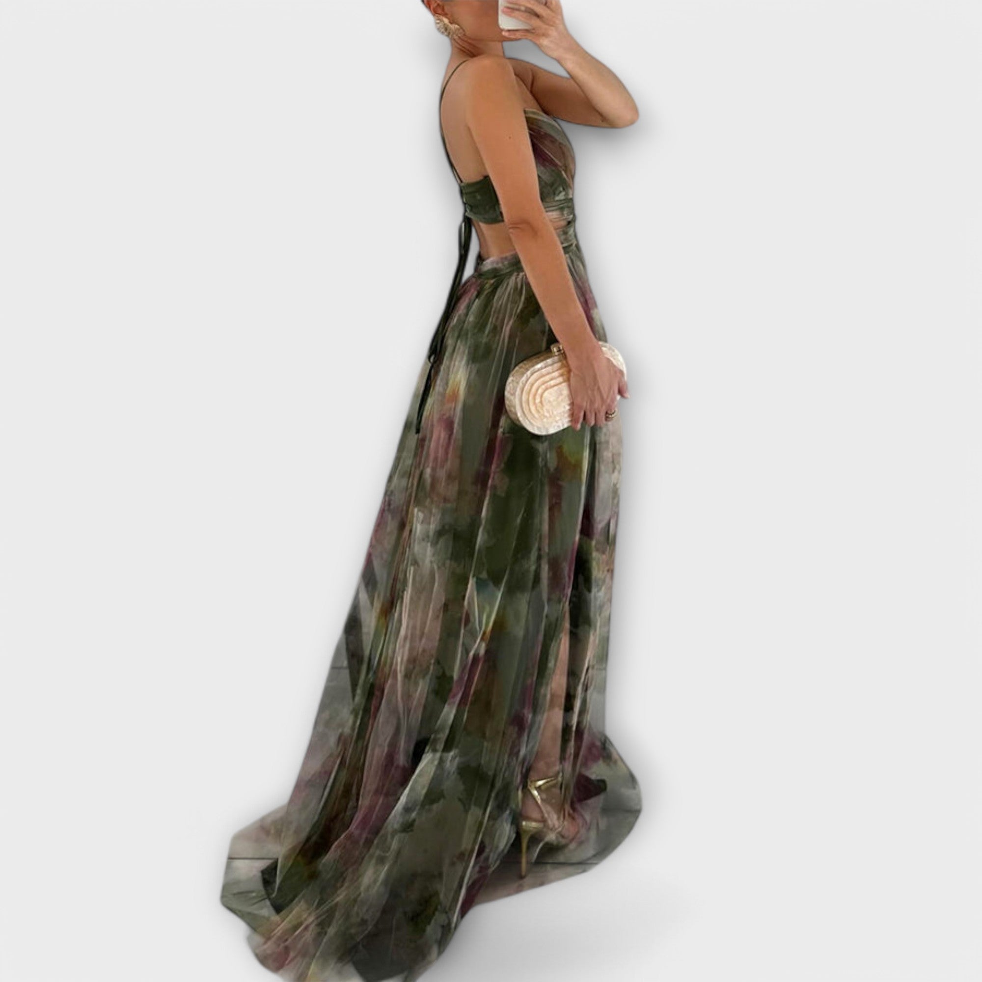 Maxikleid Damen | Festlich Tüll mit Aquarell-Print & Cut-Out
