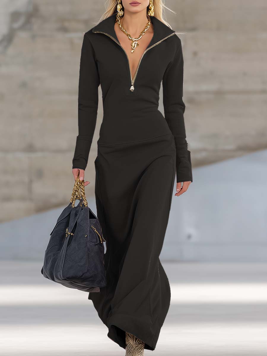 Maxikleid Damen | Figurbetonend mit Zip-Kragen & Langarm