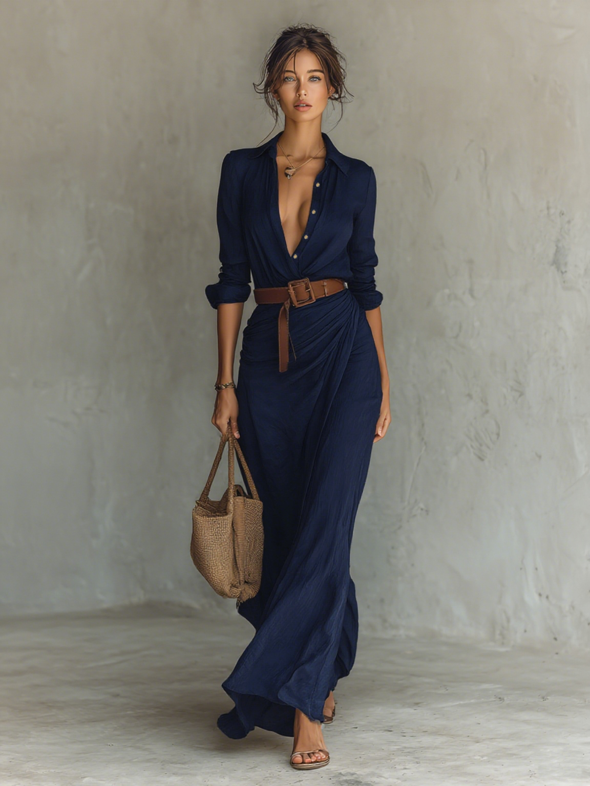 Maxikleid Damen | Fließend & Elegant mit Reverskragen