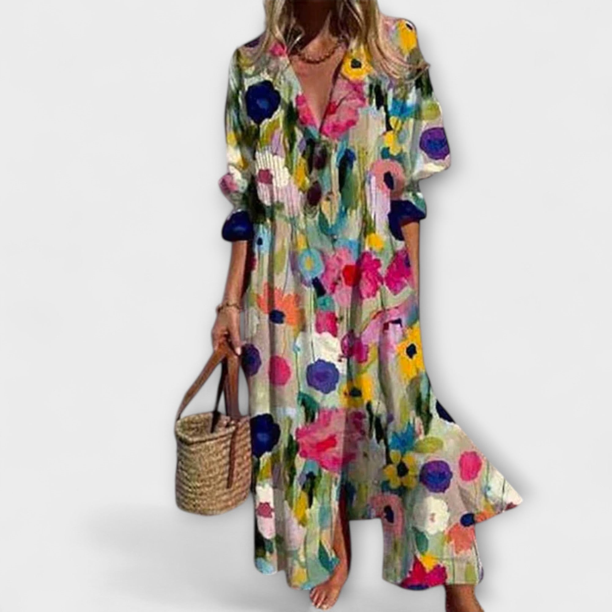 Maxikleid Damen | Fließend mit Blattdruck & Knopfleiste