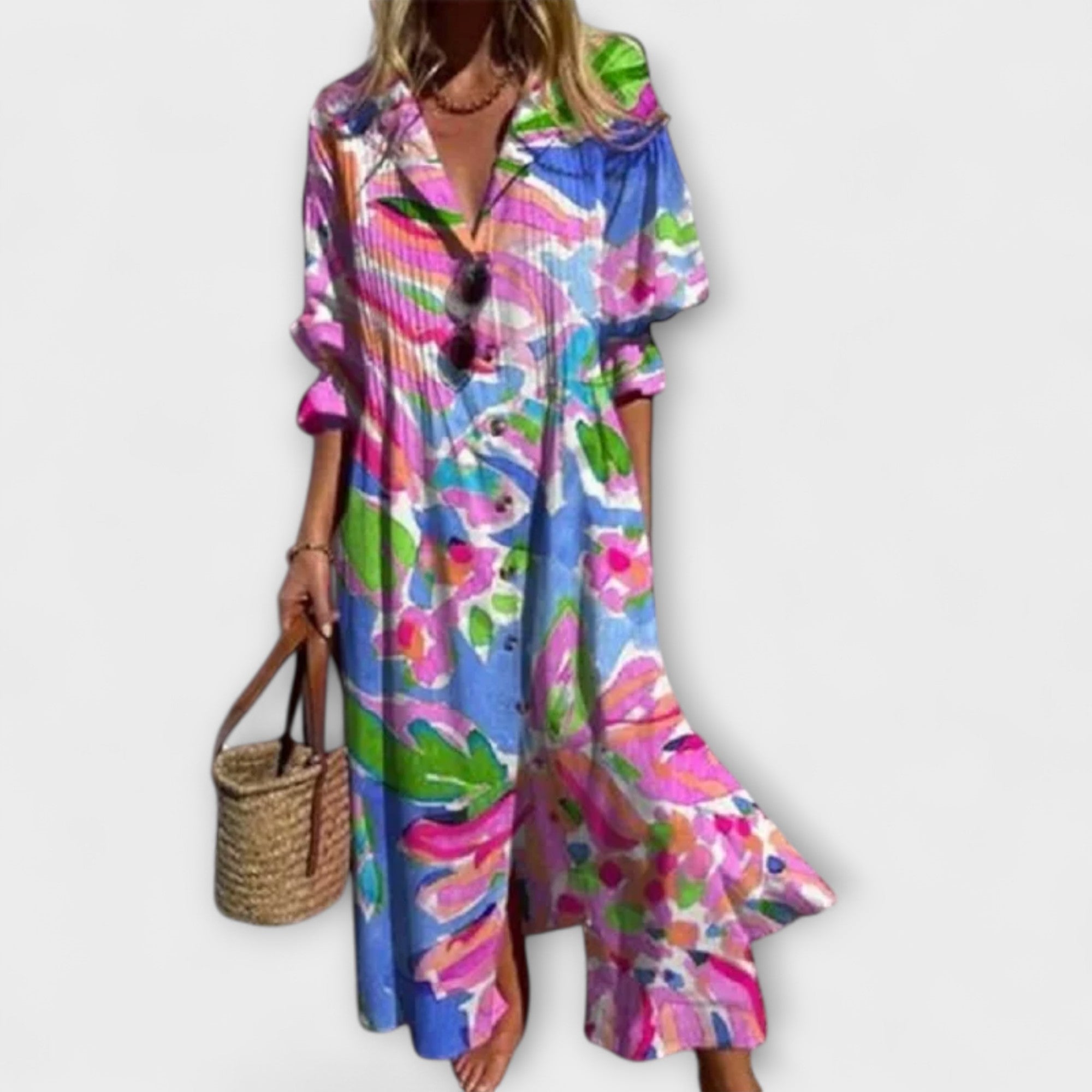Maxikleid Damen | Fließend mit Blattdruck & Knopfleiste
