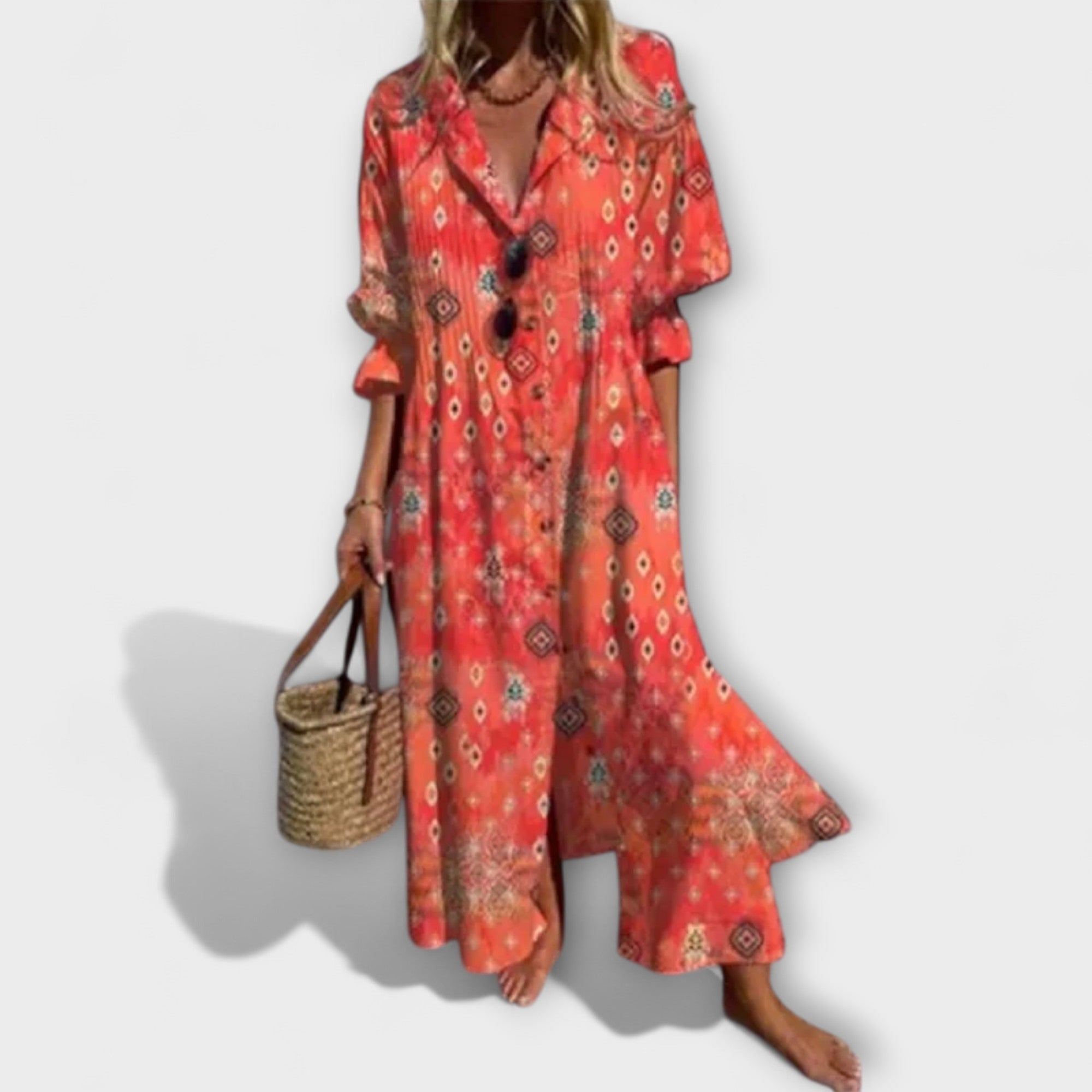 Maxikleid Damen | Fließend mit Blattdruck & Knopfleiste