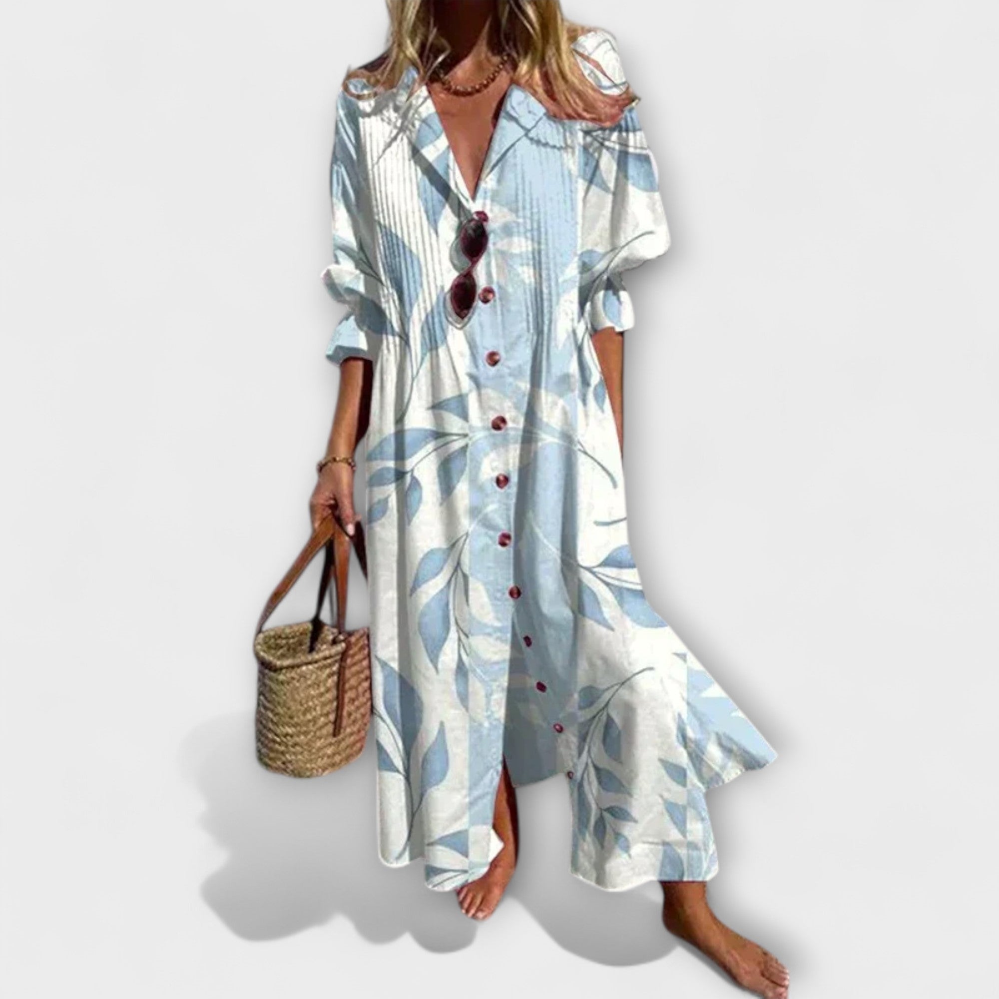 Maxikleid Damen | Fließend mit Blattdruck & Knopfleiste