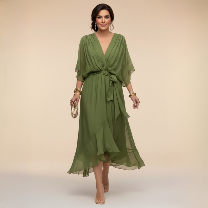 Maxikleid Damen | Fließendes Chiffon-Wickelkleid mit Bindegürtel