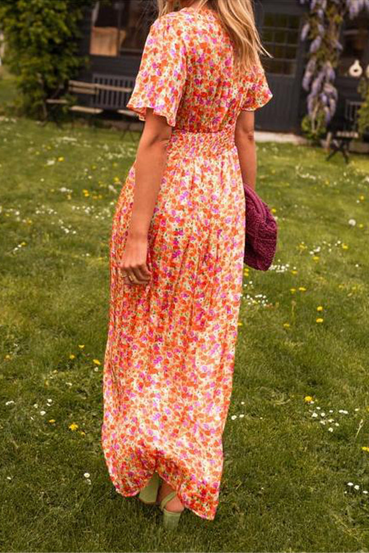 Maxikleid Damen | Fröhlicher Blumendruck & Geraffter V-Ausschnitt