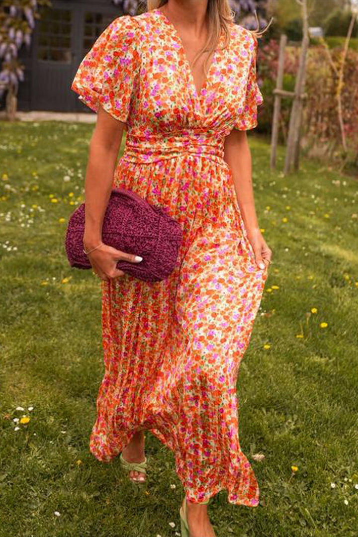 Maxikleid Damen | Fröhlicher Blumendruck & Geraffter V-Ausschnitt