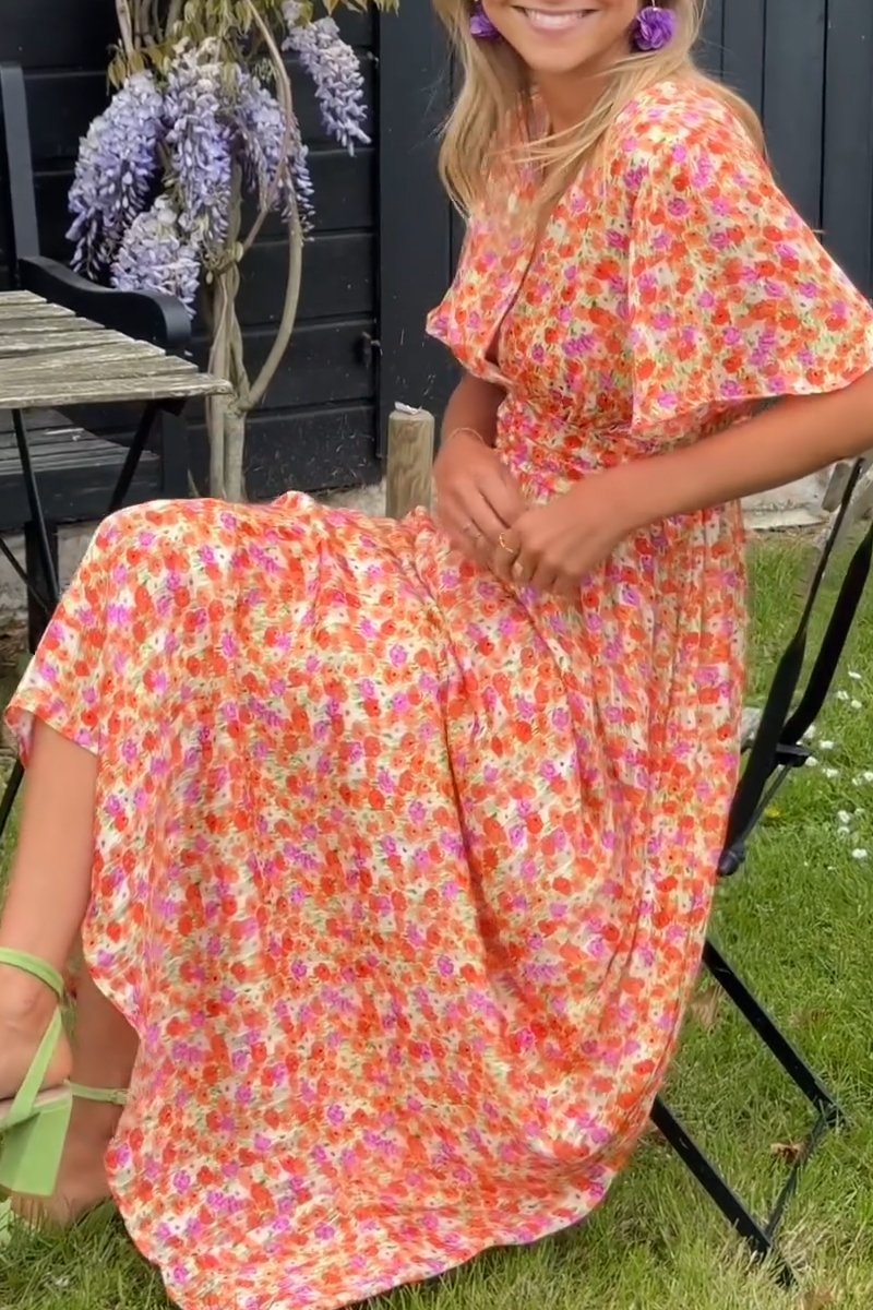 Maxikleid Damen | Fröhlicher Blumendruck & Geraffter V-Ausschnitt