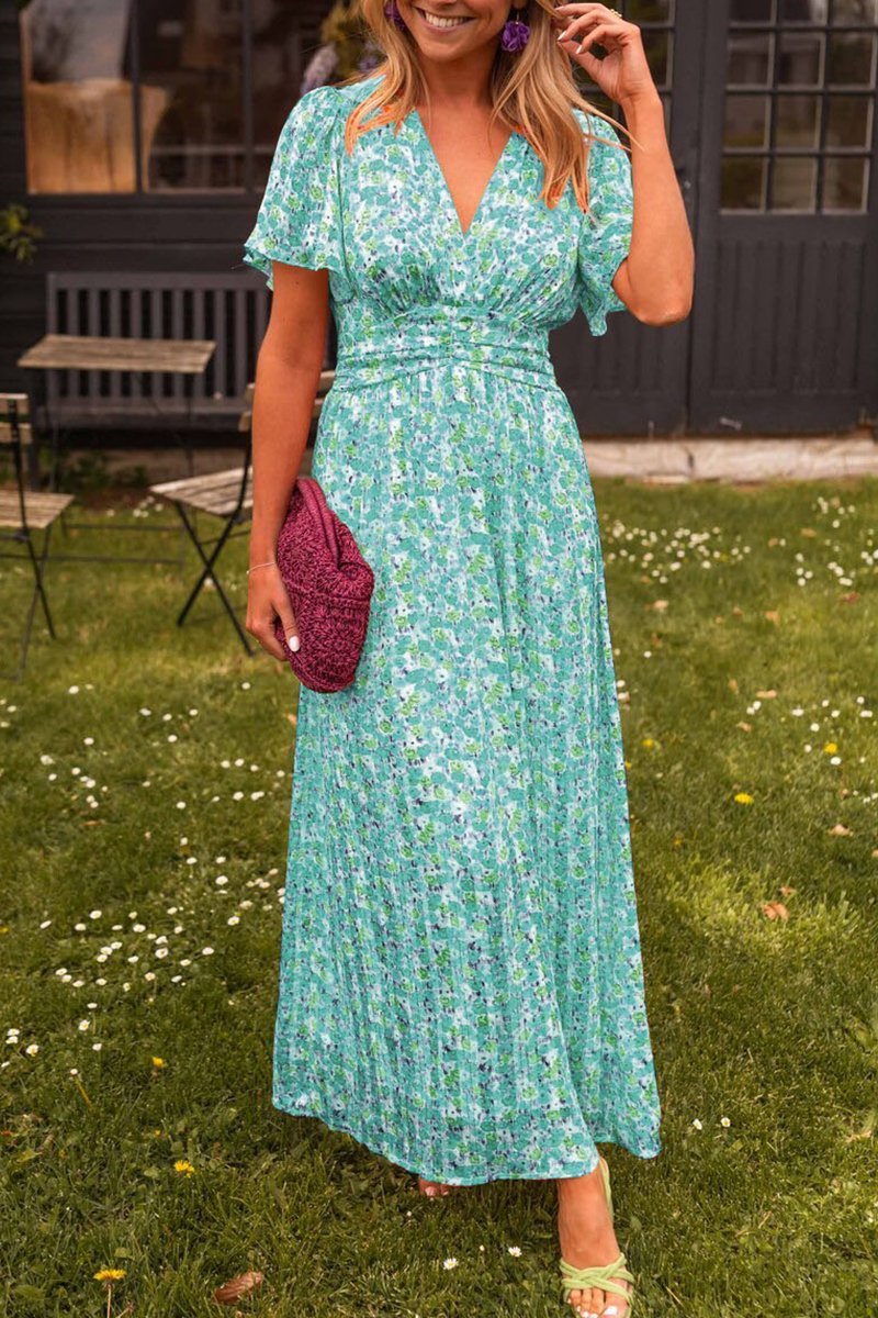 Maxikleid Damen | Fröhlicher Blumendruck & Geraffter V-Ausschnitt