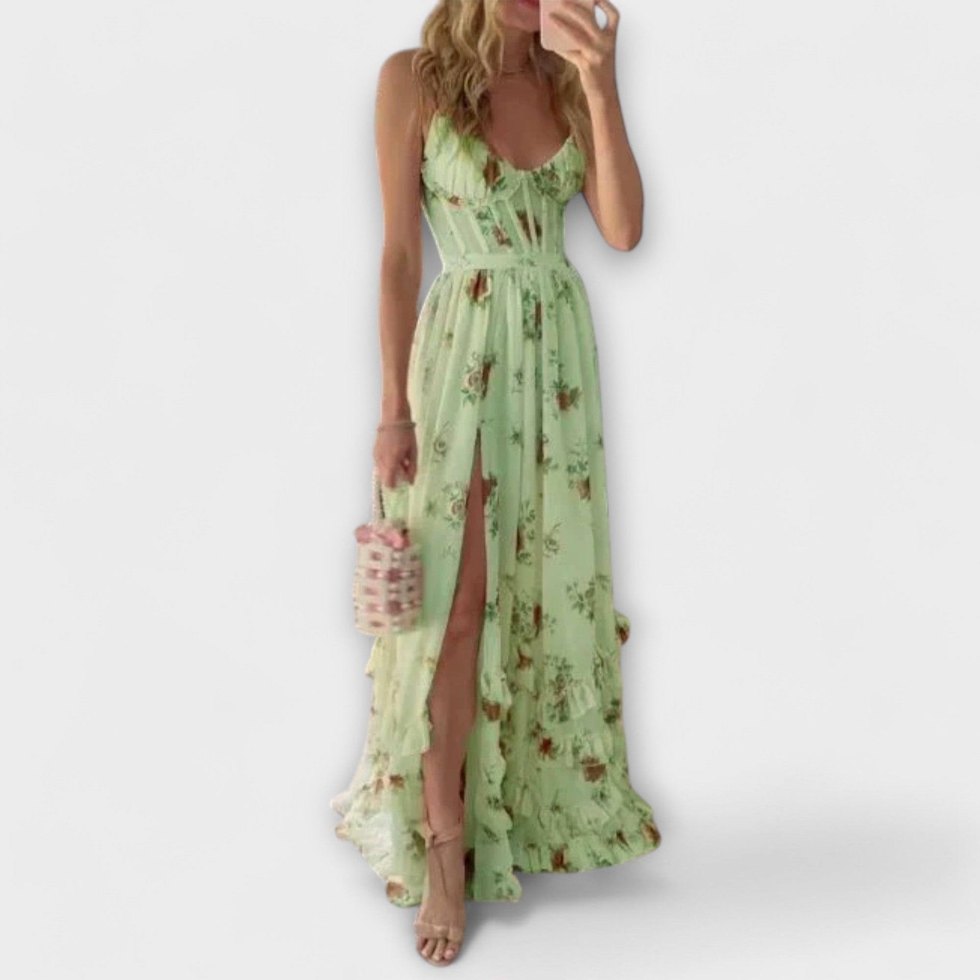 Maxikleid Damen | Romantisch Blumendruck & Trägerlos mit Schlitz