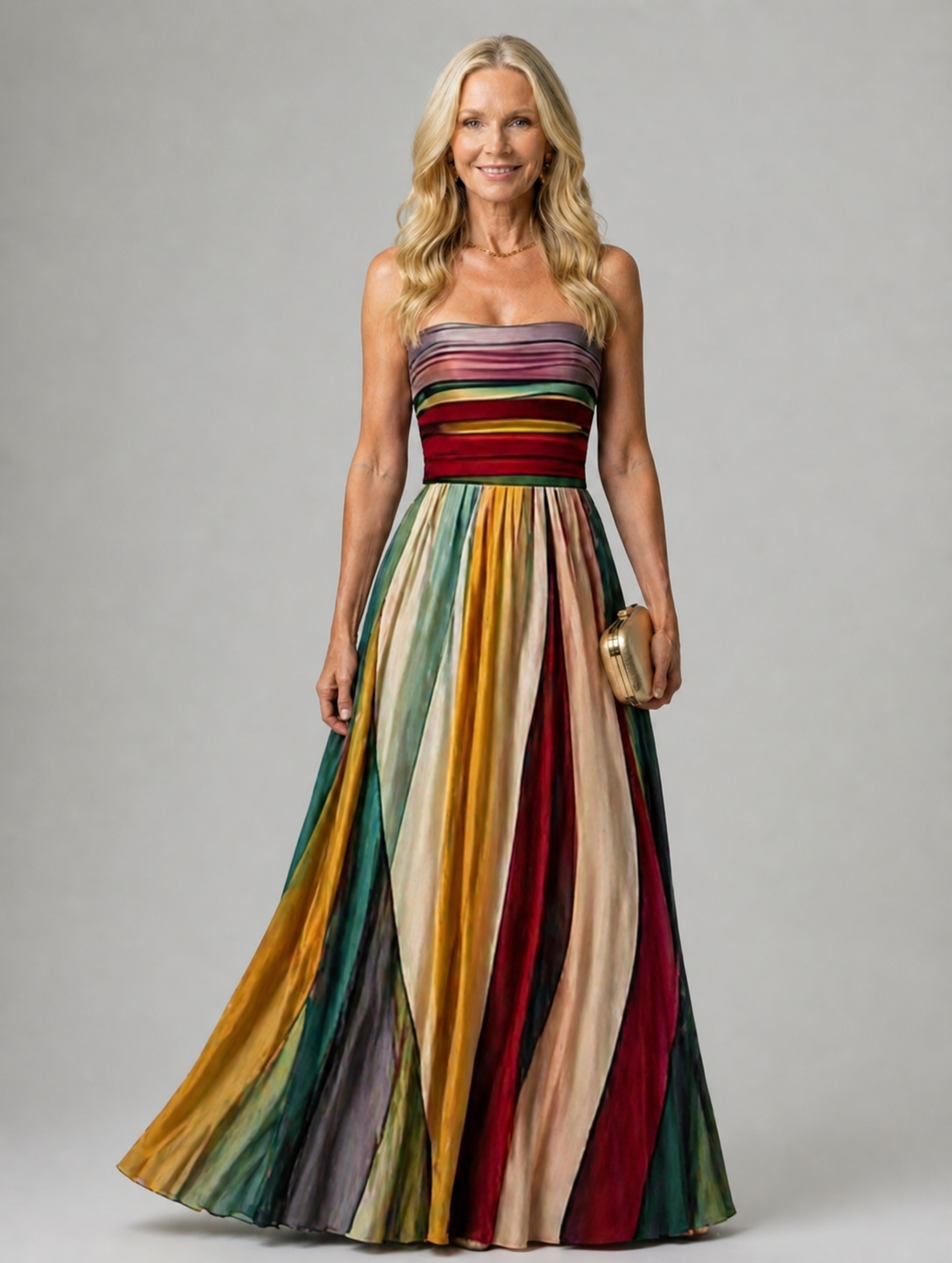 Maxikleid Damen | Trägerloses Bandeau & Bunter Streifenrock