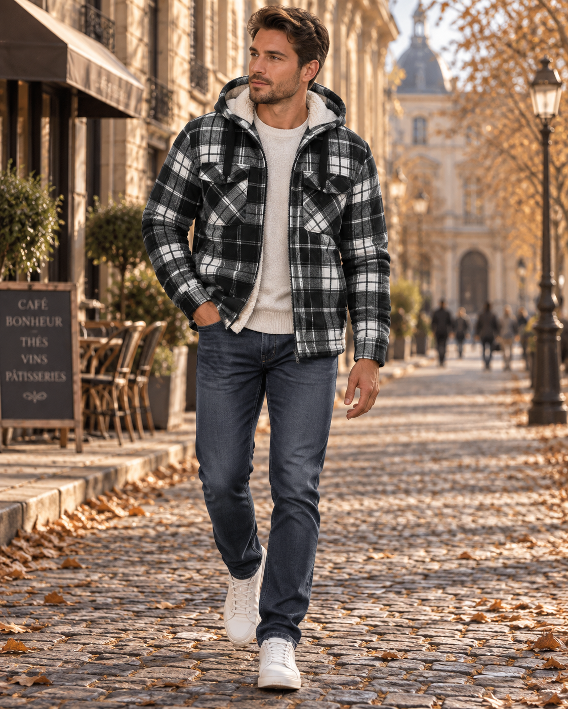Herren Winterjacke Sherpa-Futter Kapuze Karomuster Reißverschluss 2