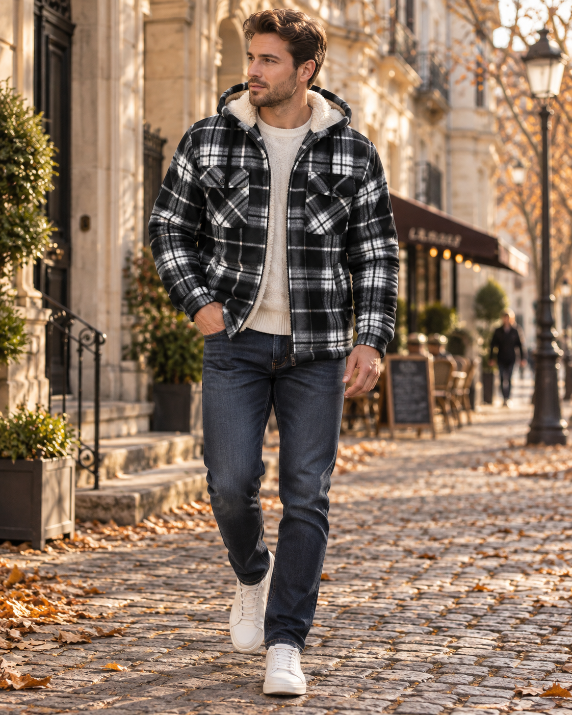 Herren Winterjacke Sherpa-Futter Kapuze Karomuster Reißverschluss 1