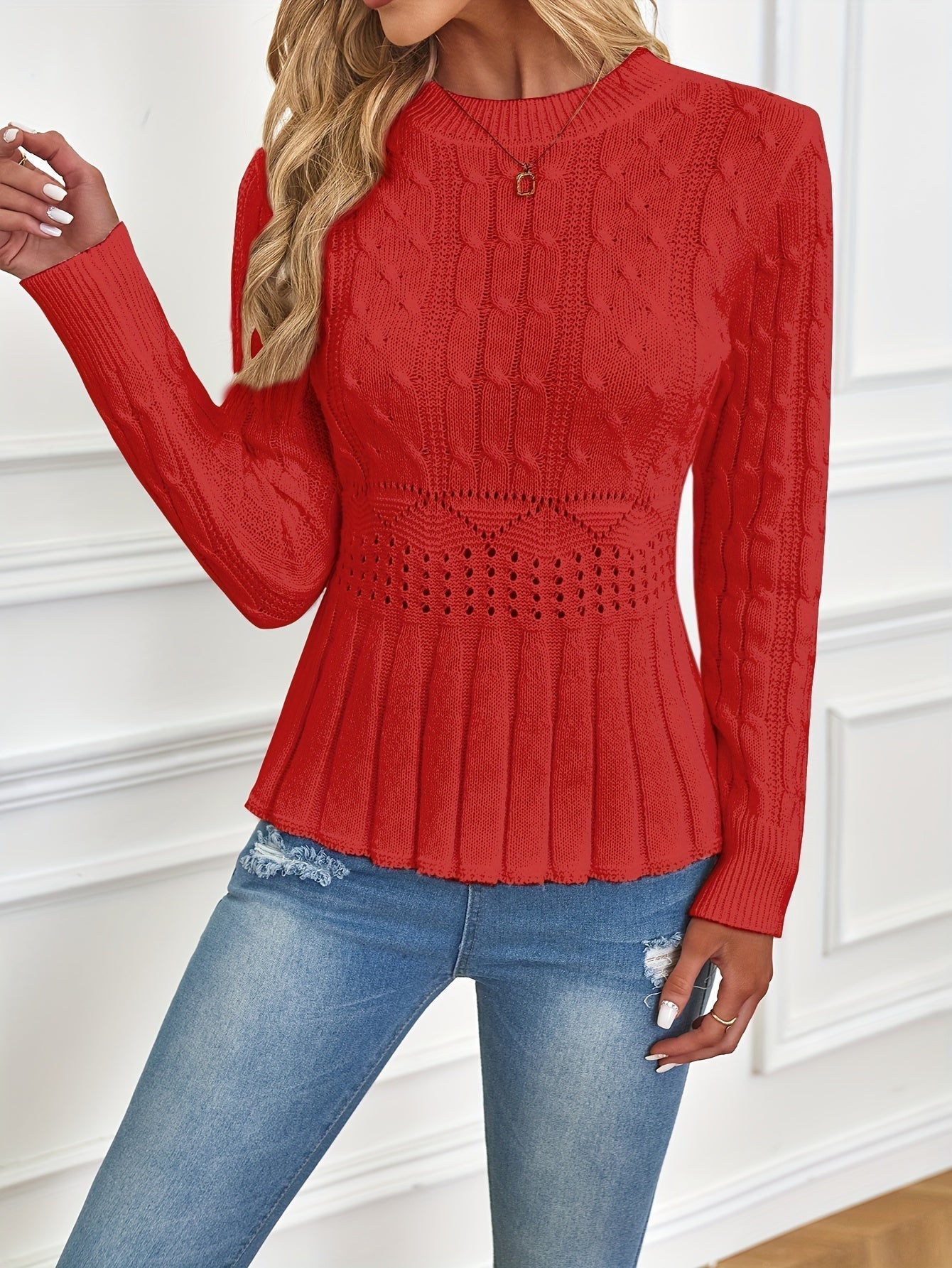 Meredith - Robuster Zopfstrickpullover mit Rundhalsausschnitt
