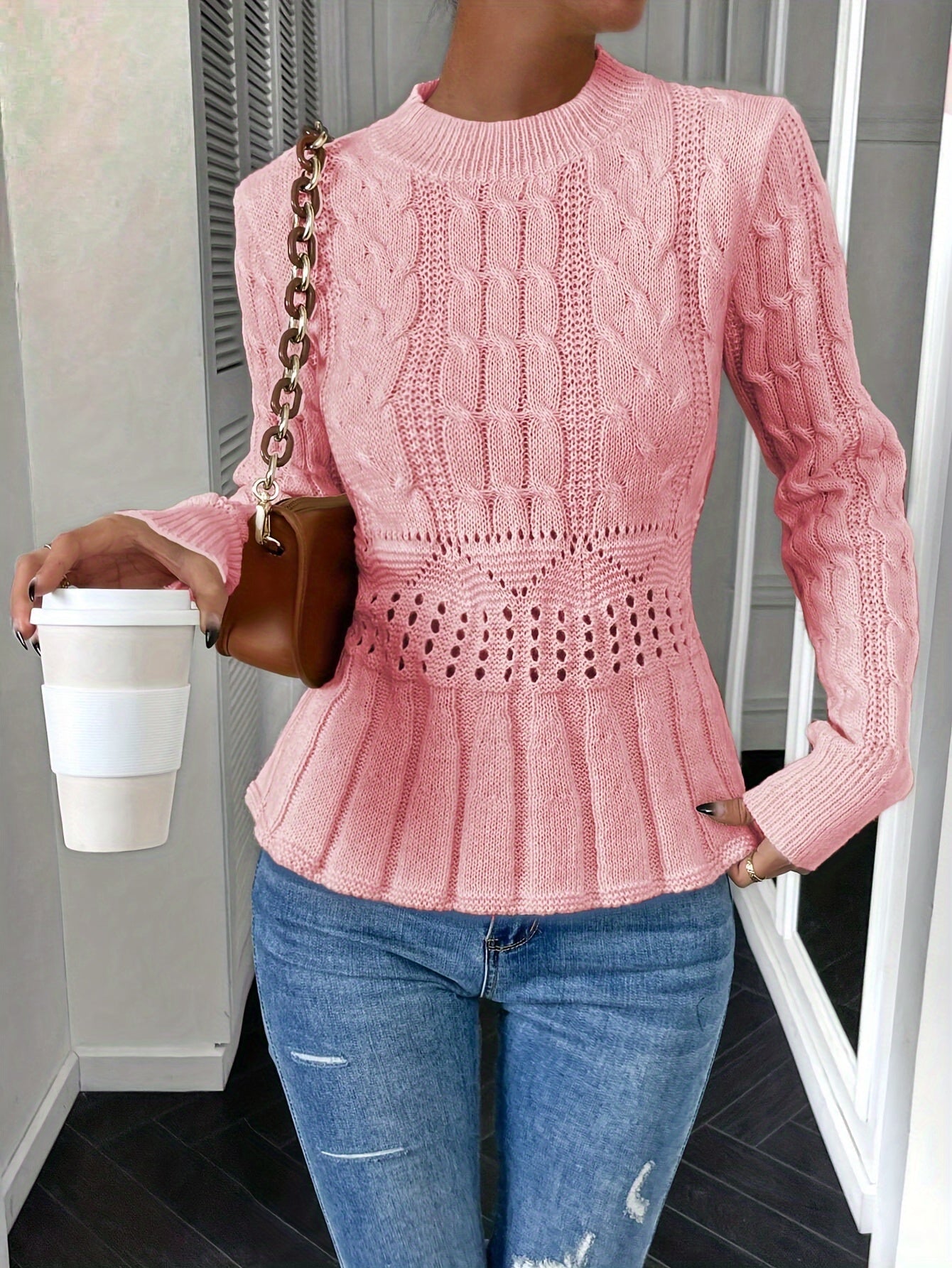 Meredith - Robuster Zopfstrickpullover mit Rundhalsausschnitt