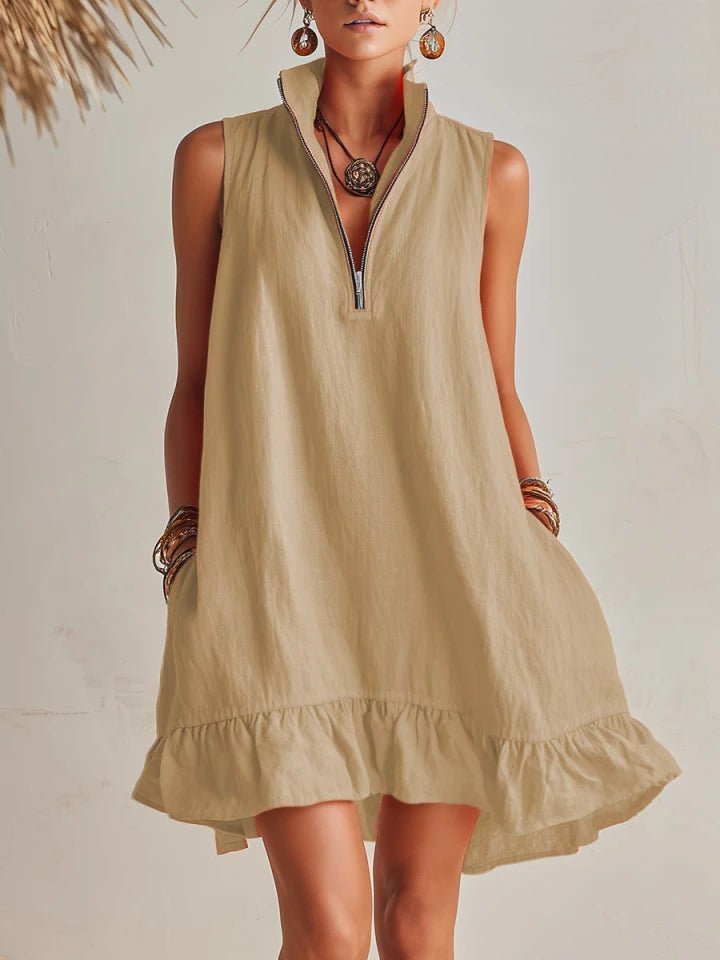 Mia | Damen Linen Stehkragen Reißverschluss Rüschen Mini Kleid 3