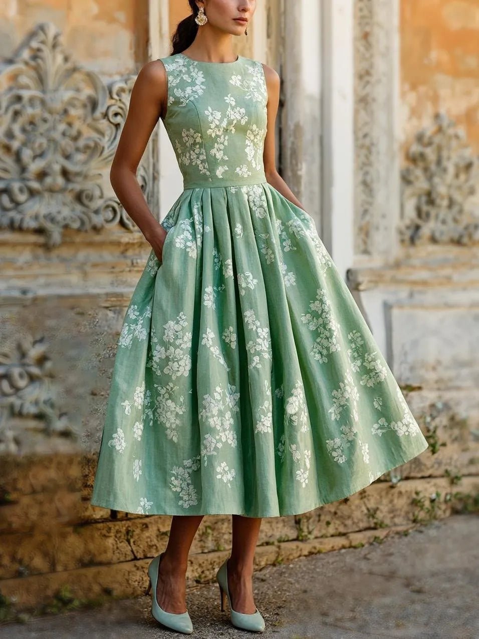 Midi Kleid Damen | Blumenprint & Ausgestellter Plisseerock