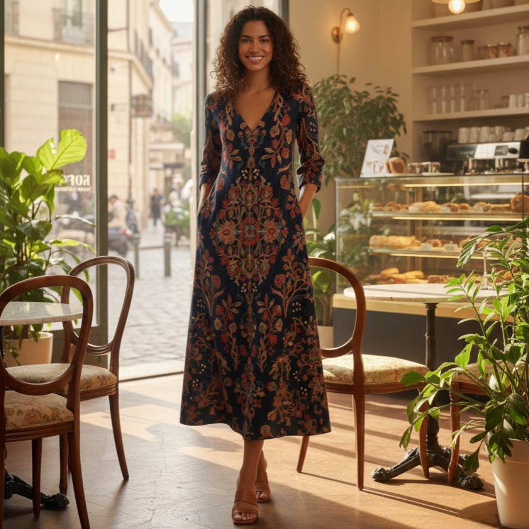 Midi Kleid Damen | Boho Print & V-Ausschnitt