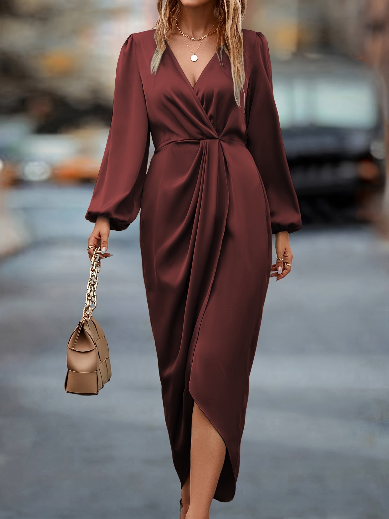 Midi Kleid Damen | Drapiert & V-Ausschnitt mit Schlitz