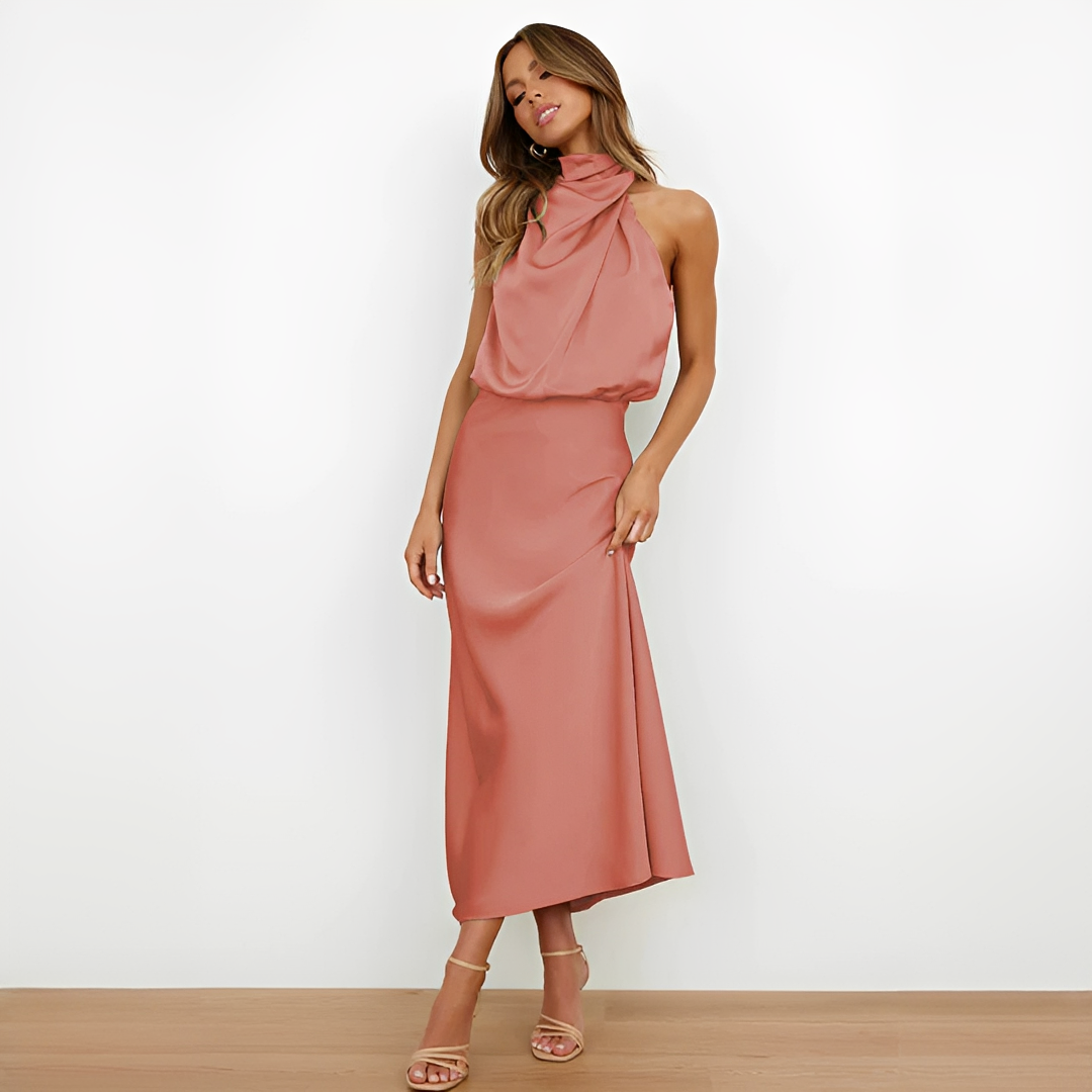 Midi Kleid Damen | Elegantes Neckholder-Design & Satin-Look