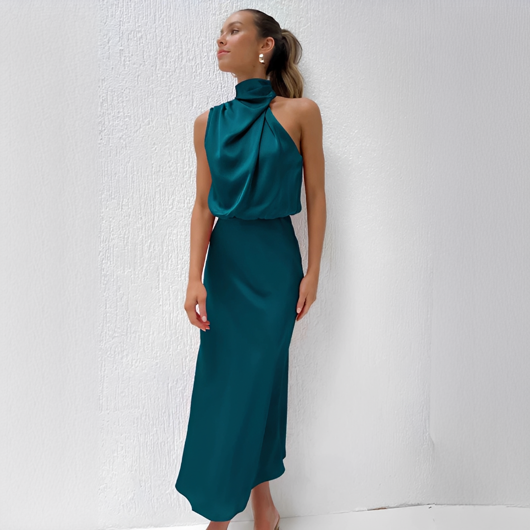 Midi Kleid Damen | Elegantes Neckholder-Design & Satin-Look