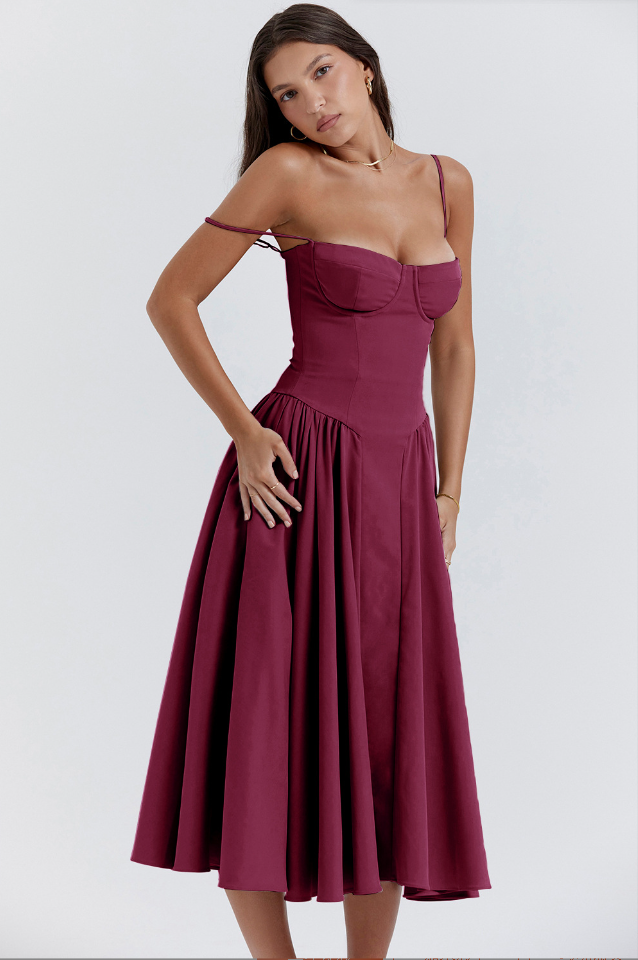 Midi Kleid Damen | Korsagen-Design & Schwingender Rock