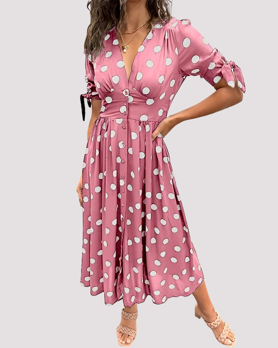 Midi Kleid Damen mit Punktmuster | Tiefer V-Ausschnitt & A-Linie