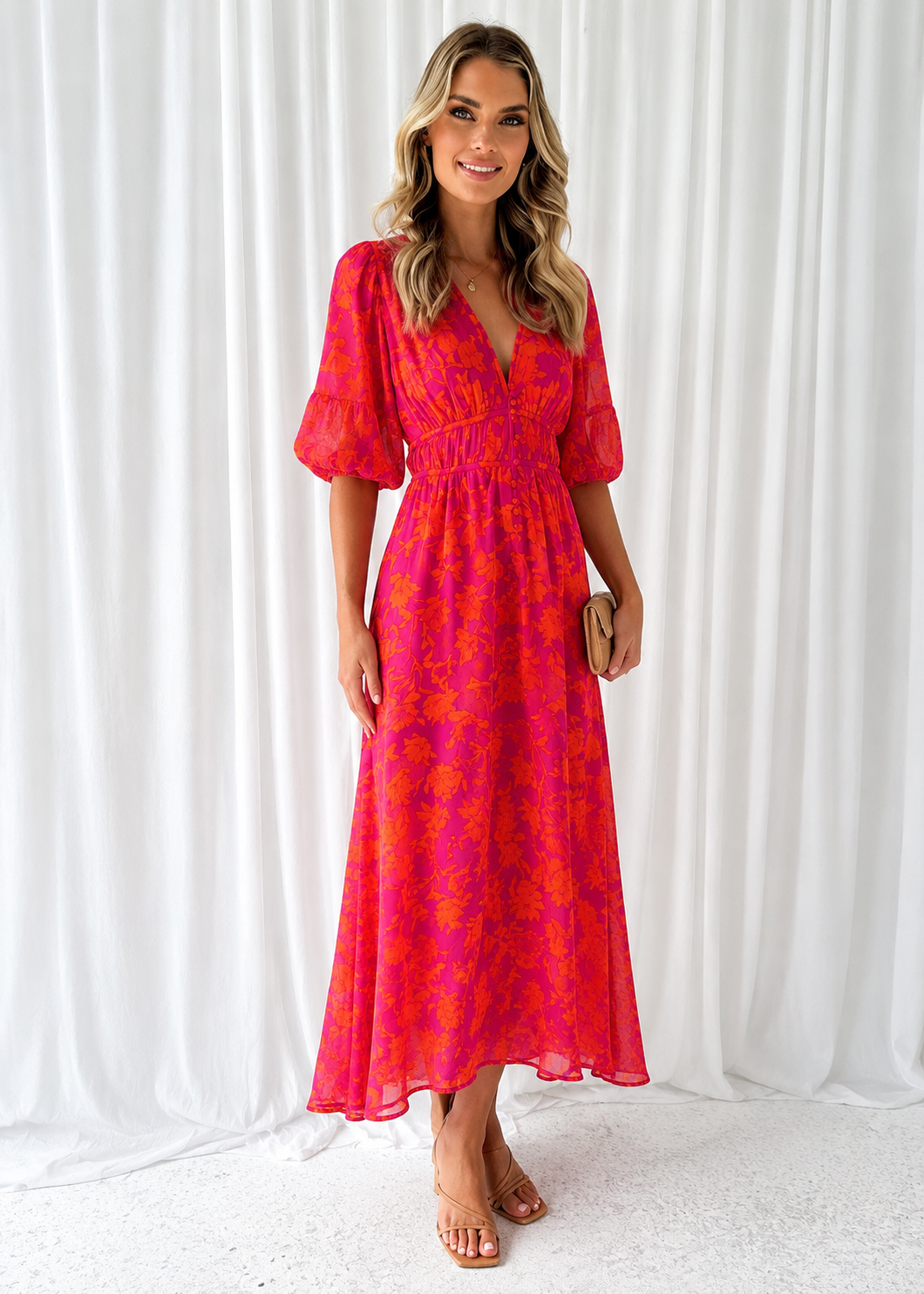 Midikleid Damen | Blumenprint & Puffärmel