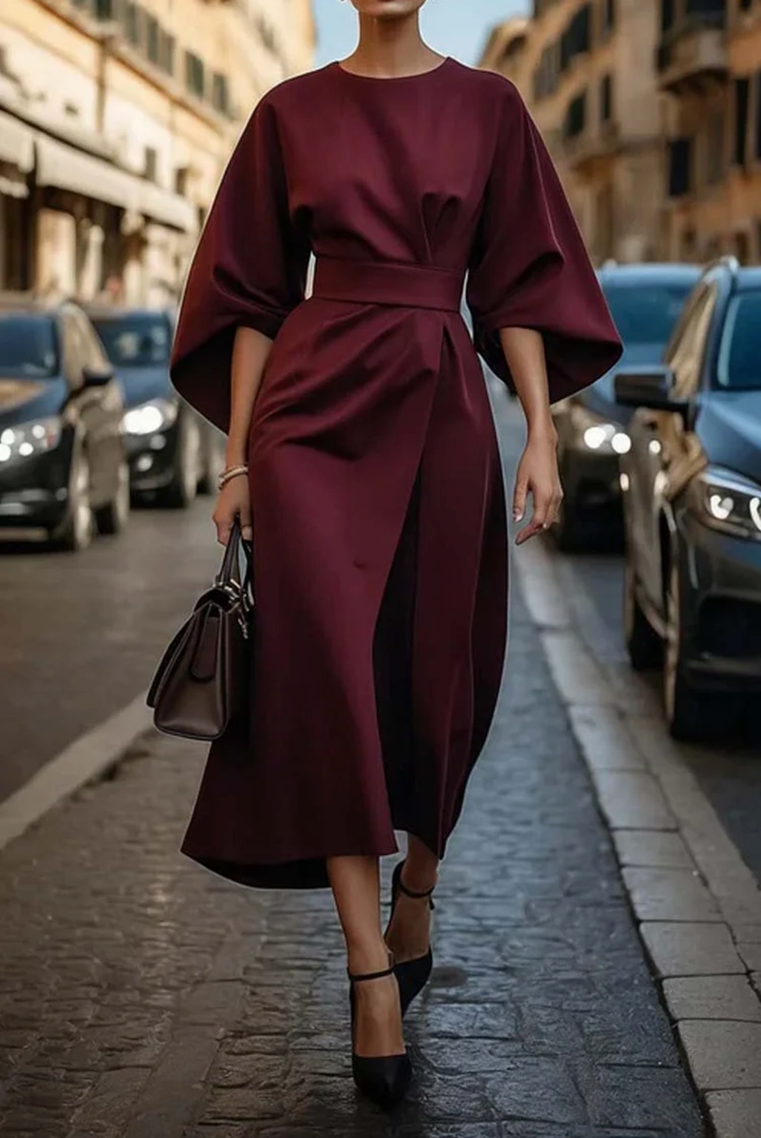 Midikleid Damen | Elegant mit Laternenärmeln & Taillengürtel