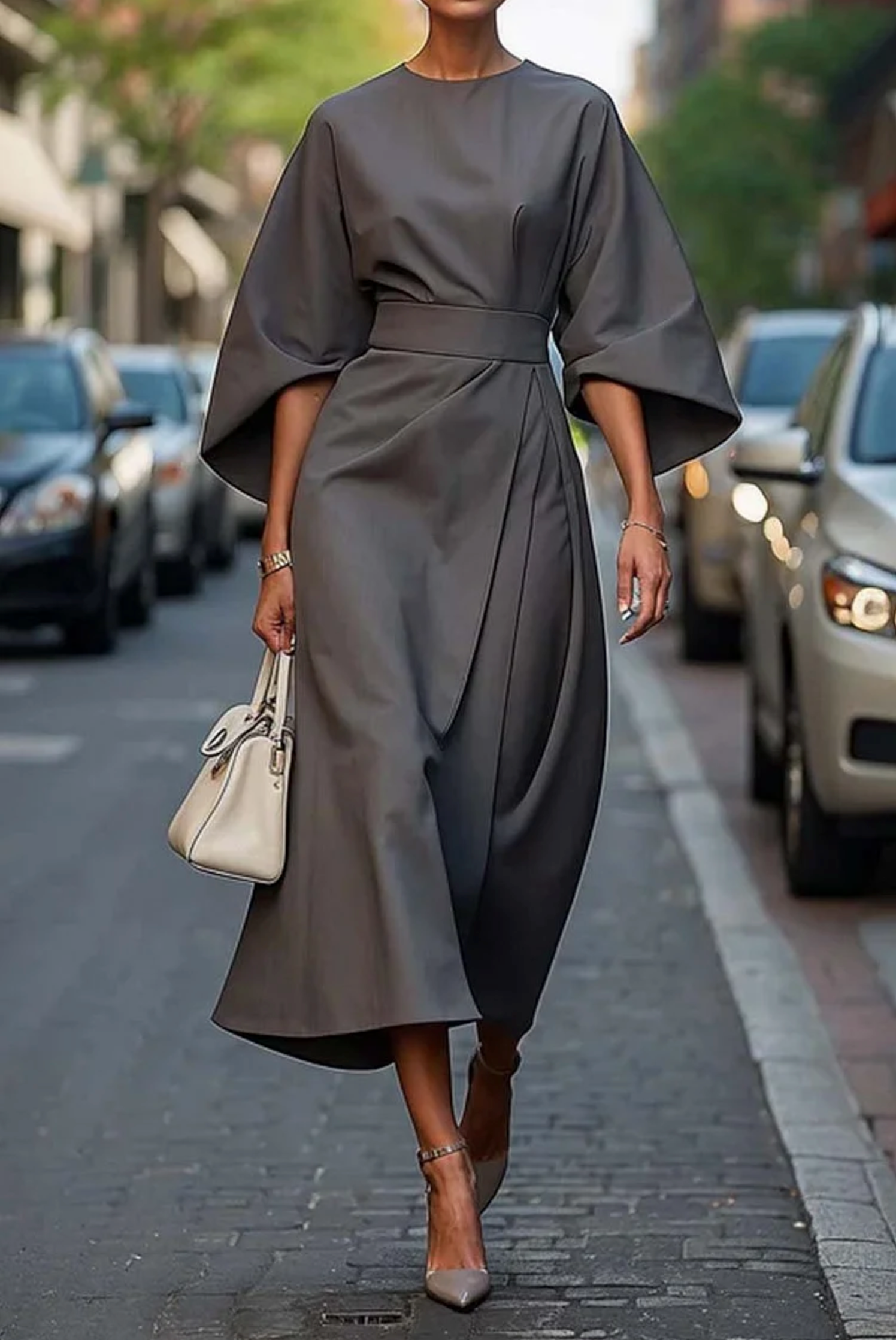 Midikleid Damen | Elegant mit Laternenärmeln & Taillengürtel
