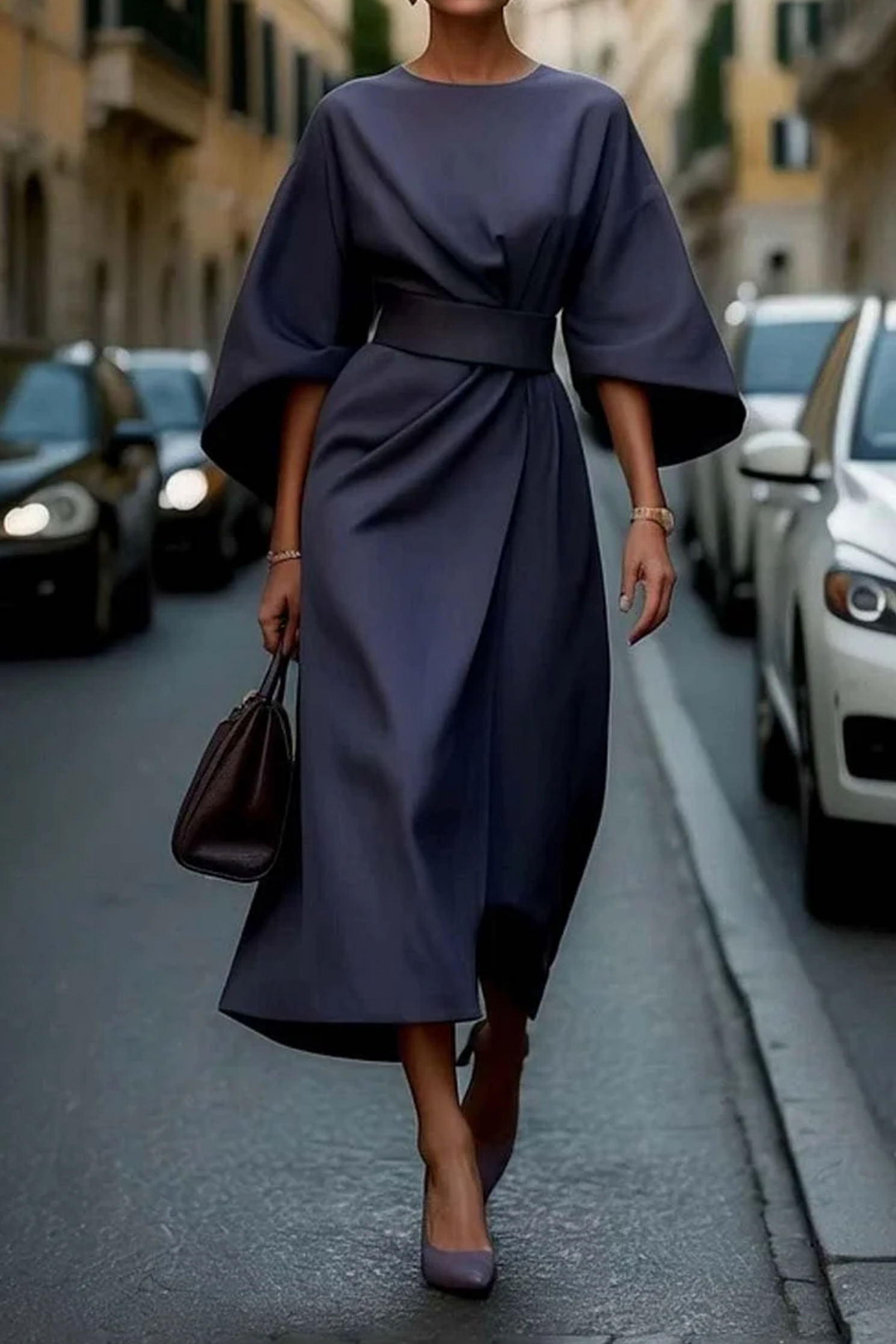 Midikleid Damen | Elegant mit Laternenärmeln & Taillengürtel