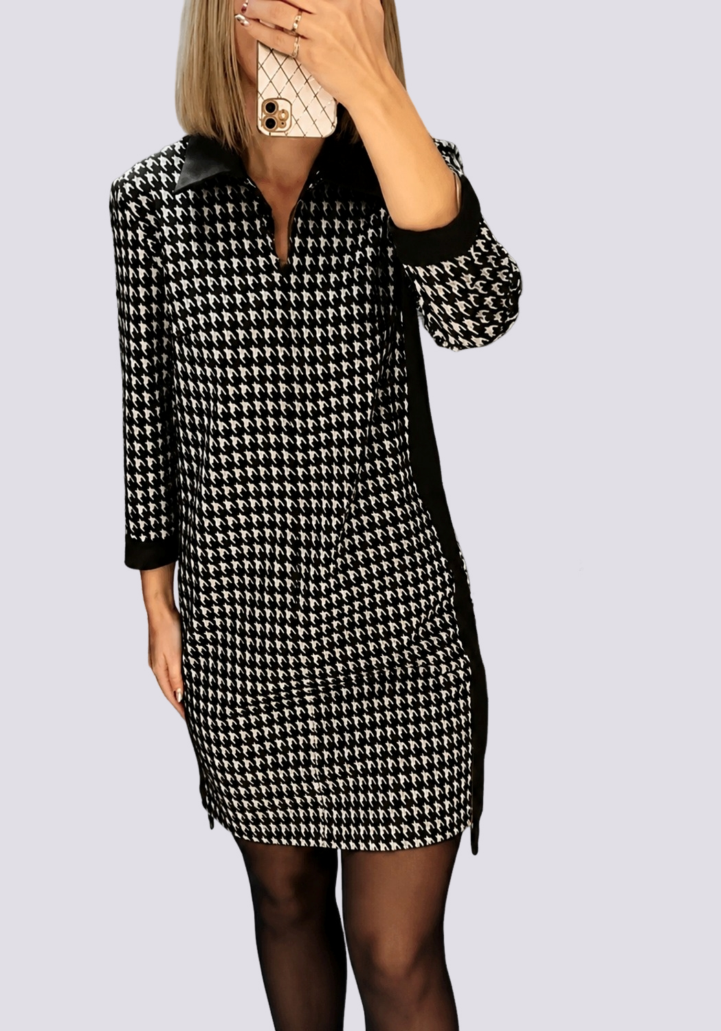 Mini Kleid Damen mit Hahnentrittmuster | Polokragen & Reißverschluss