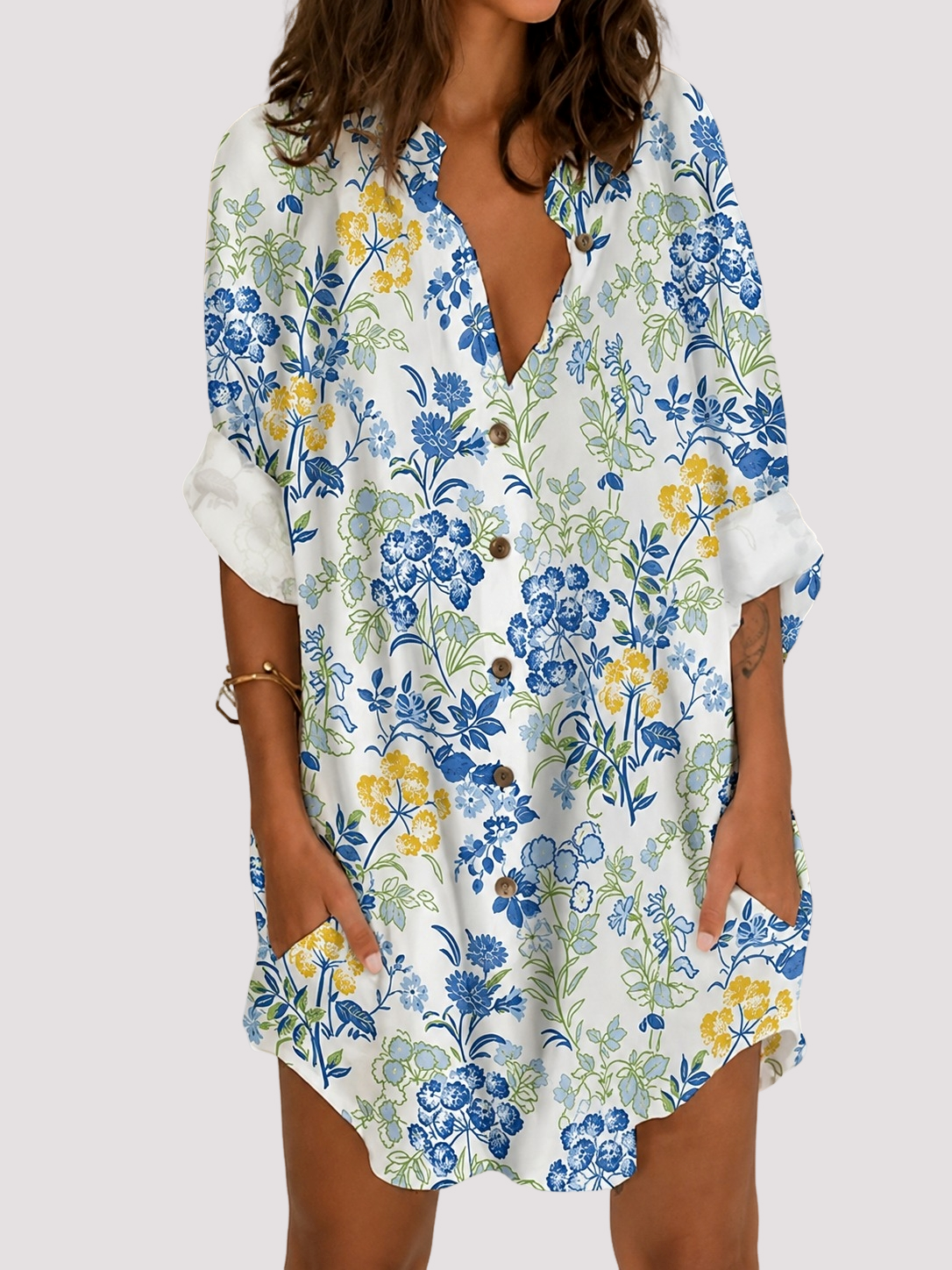 Mini Kleid Damen mit Wildblumen-Print | Knopfleiste & V-Ausschnitt