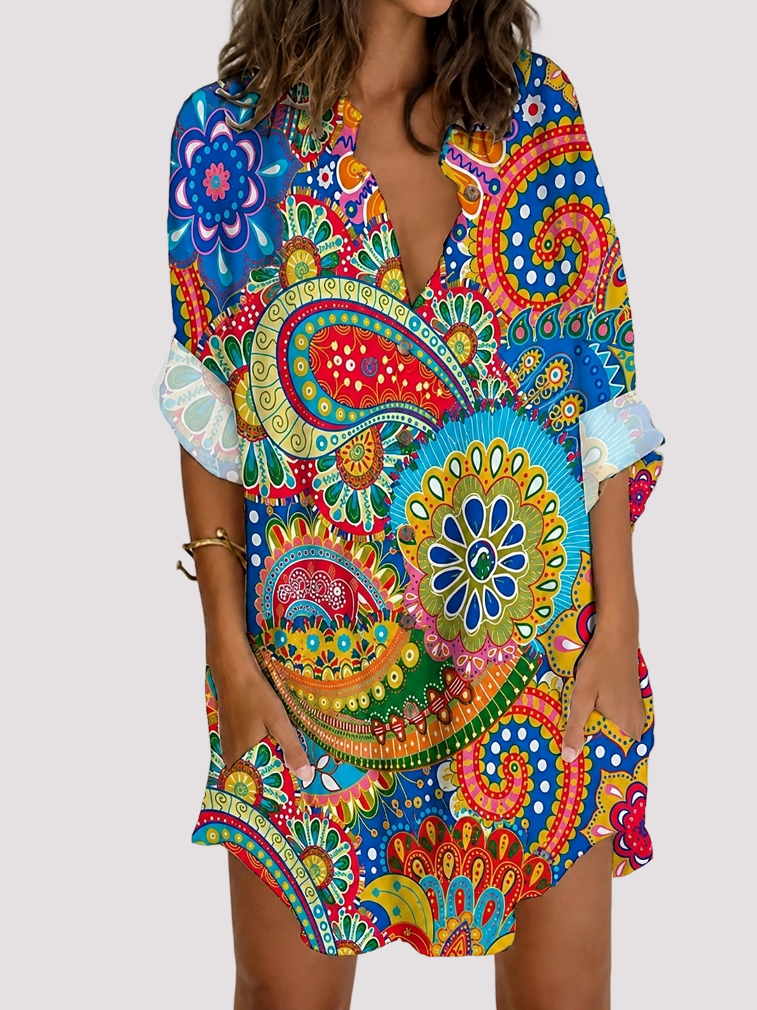 Mini Kleid Damen mit Wildblumen-Print | Knopfleiste & V-Ausschnitt
