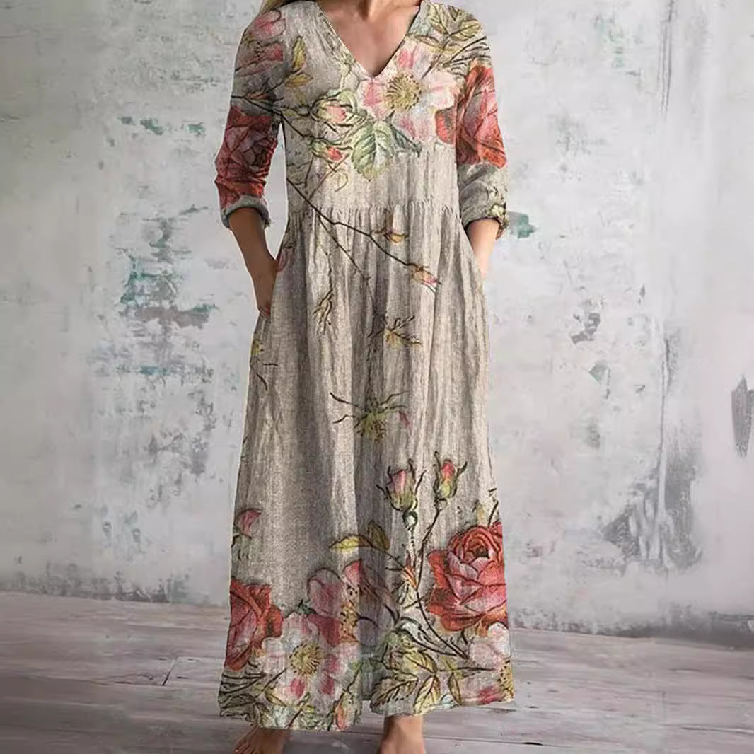 Mirandi | Sommerkleid mit Blumenprint, V-Ausschnitt & langen Ärmeln – Luftiges Maxikleid für Damen 0