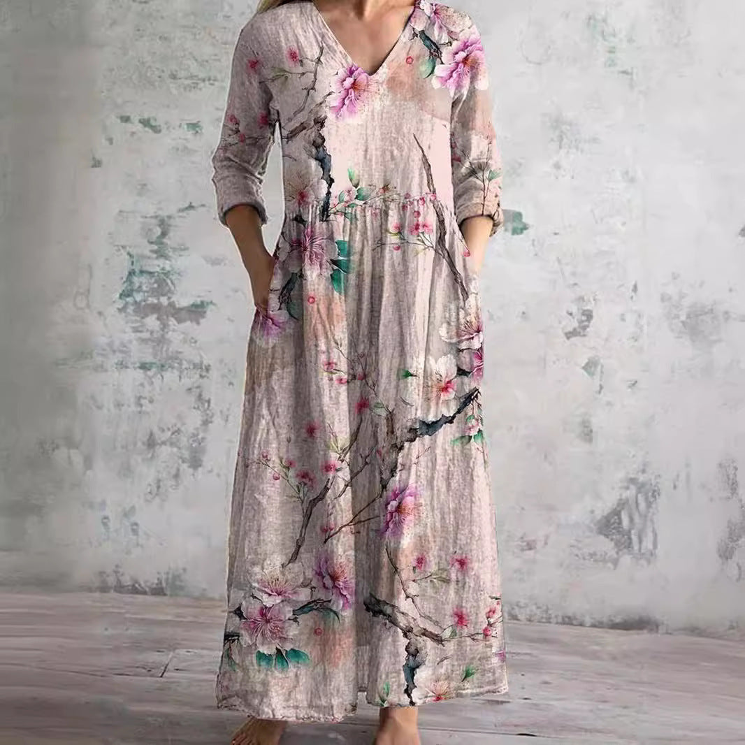 Mirandi | Sommerkleid mit Blumenprint, V-Ausschnitt & langen Ärmeln – Luftiges Maxikleid für Damen 1