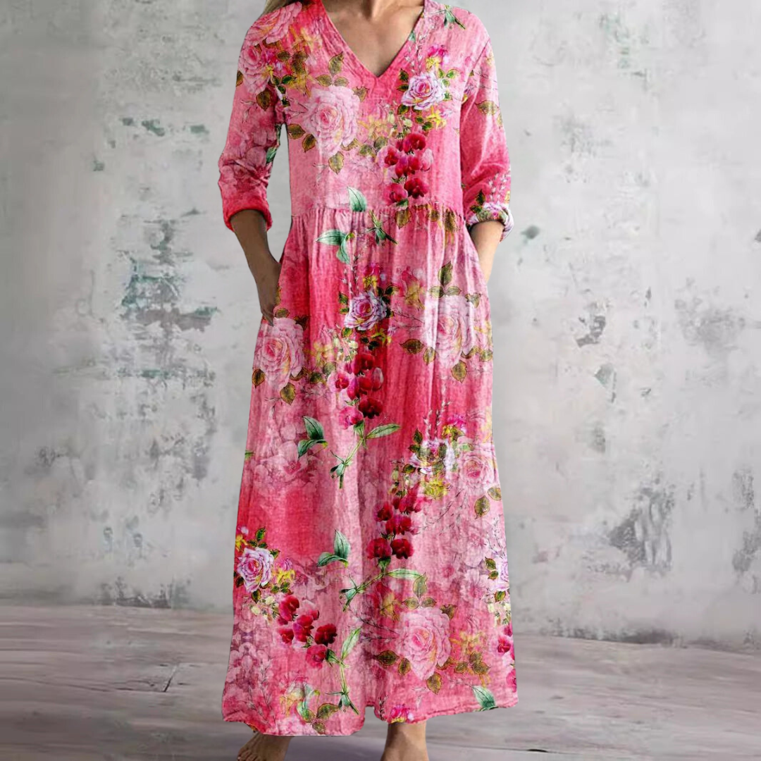 Mirandi | Sommerkleid mit Blumenprint, V-Ausschnitt & langen Ärmeln – Luftiges Maxikleid für Damen 3