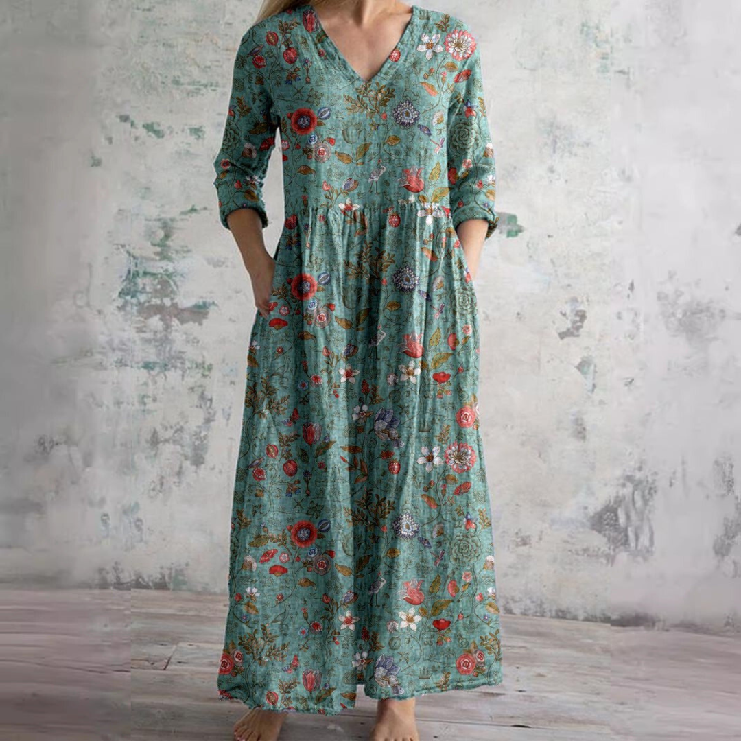 Mirandi | Sommerkleid mit Blumenprint, V-Ausschnitt & langen Ärmeln – Luftiges Maxikleid für Damen 6
