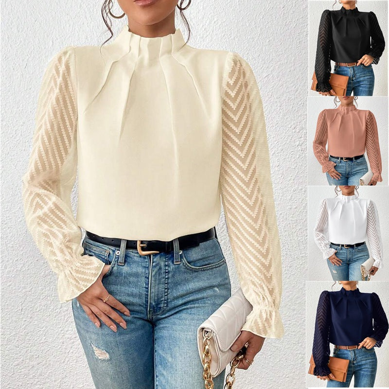 Oberteil Damen | Elegant mit Spitzenärmeln & Stehkragen