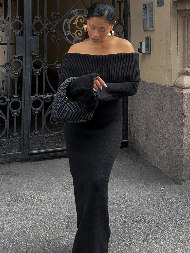 Off-Shoulder Baumwoll Strickkleid Damen