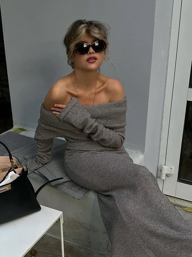 Off-Shoulder Strick Maxikleid Damen für Herbst