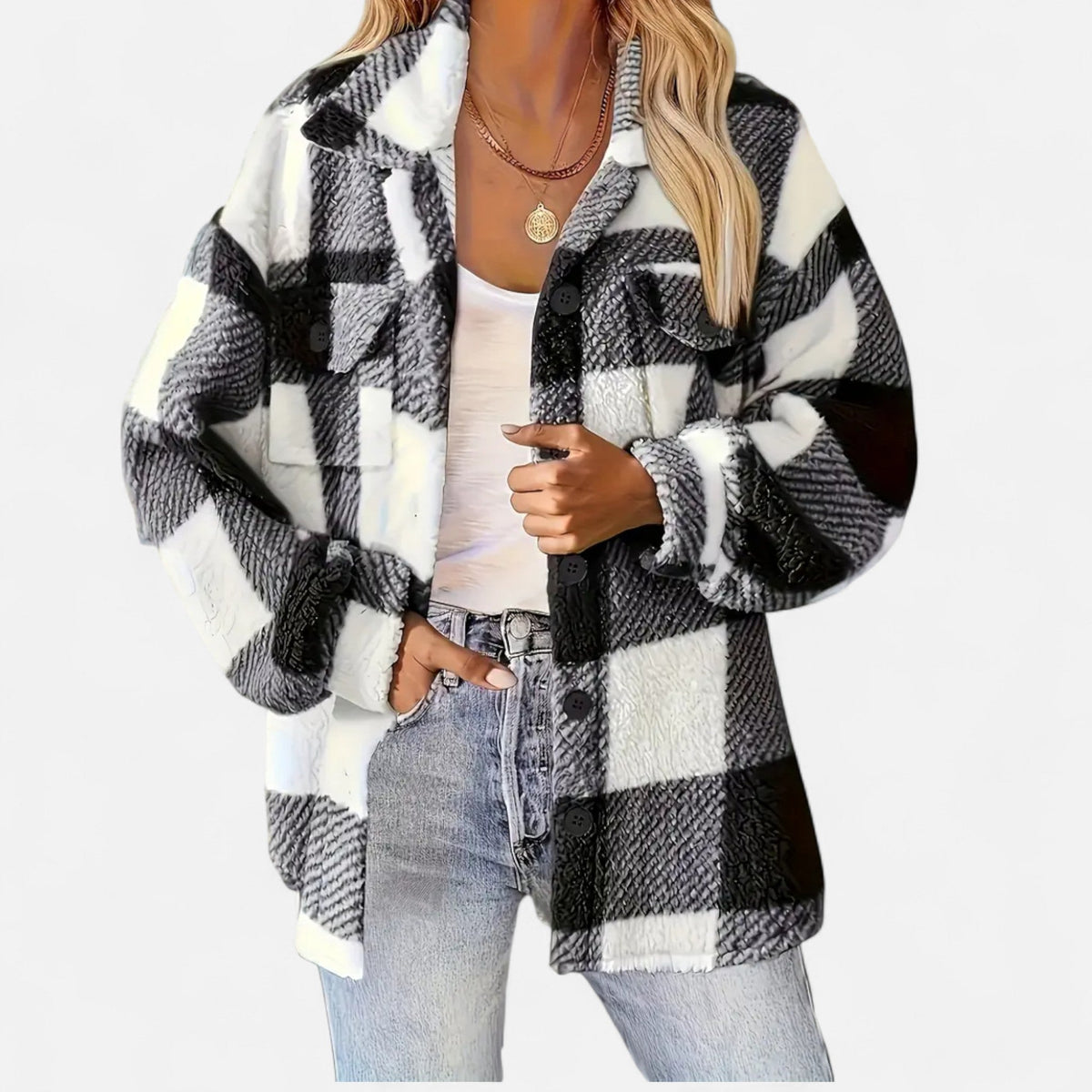 Oversize Jacke Damen | Karomuster & Taschen