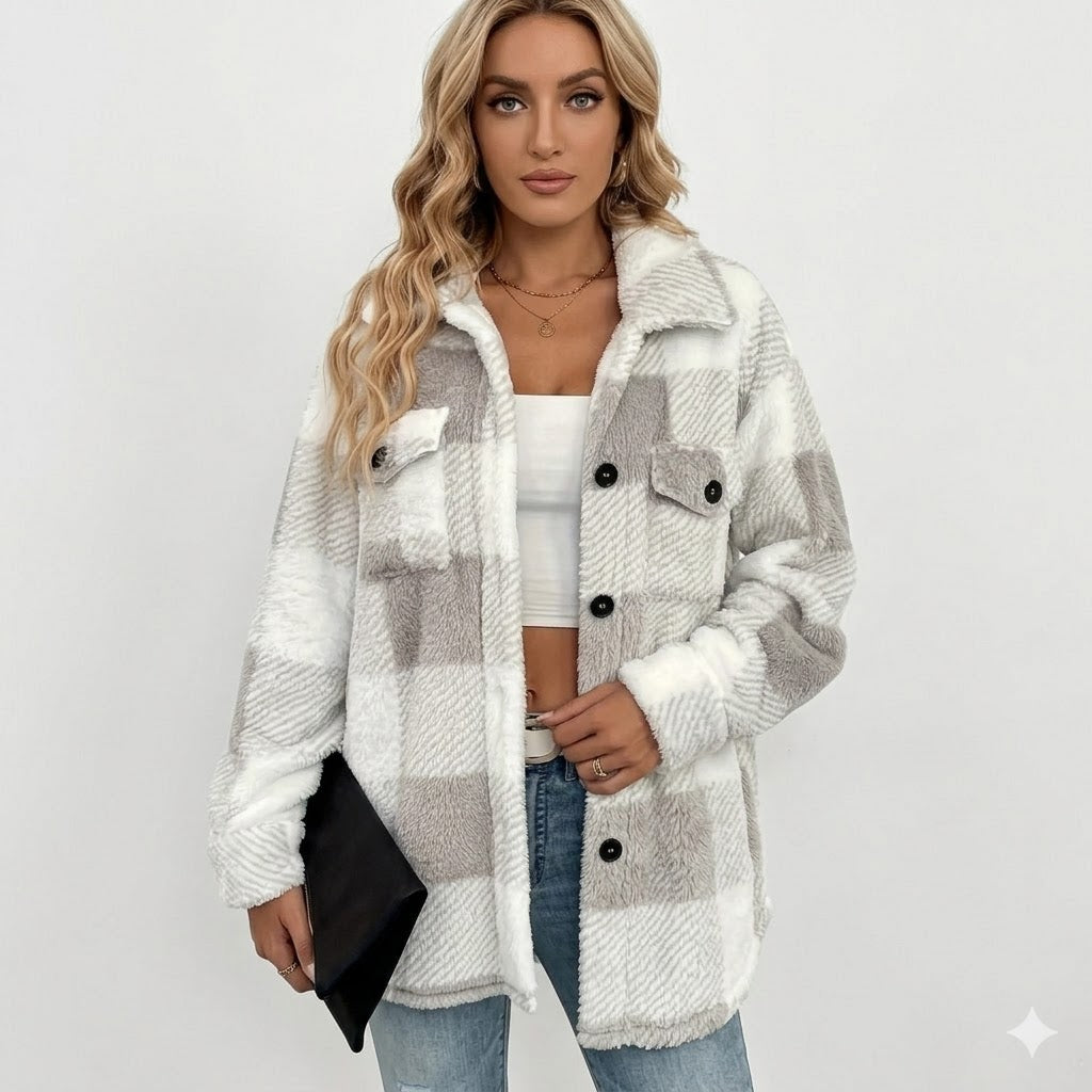 Oversize Jacke Damen | Karomuster & Taschen