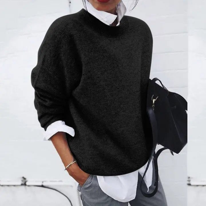 Damen Oversized Rundhals Kaschmir-Blend Pullover Sweater - Black