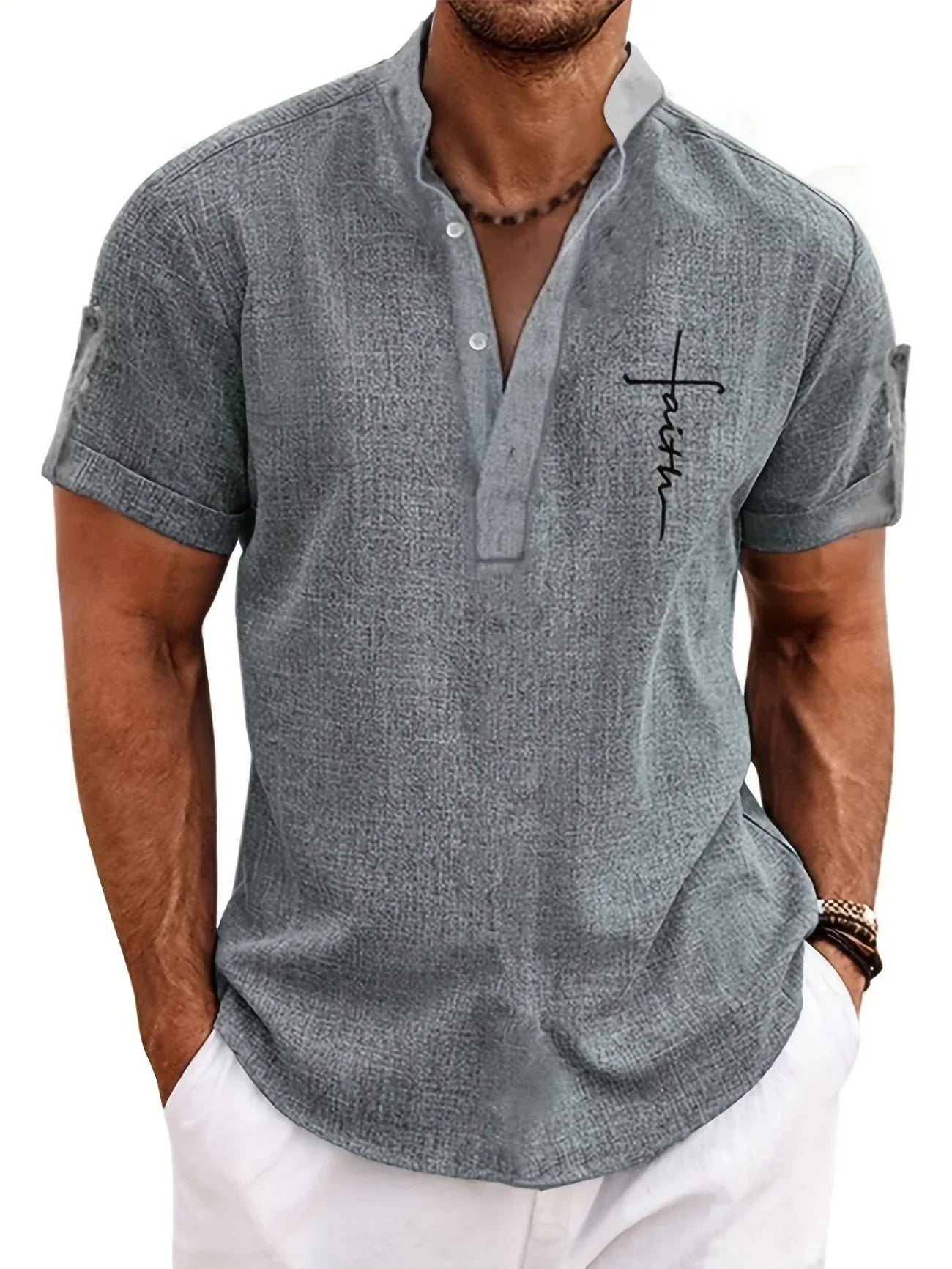 Polo Shirt Herren | Leinenlook mit Stehkragen & Faith-Stickerei
