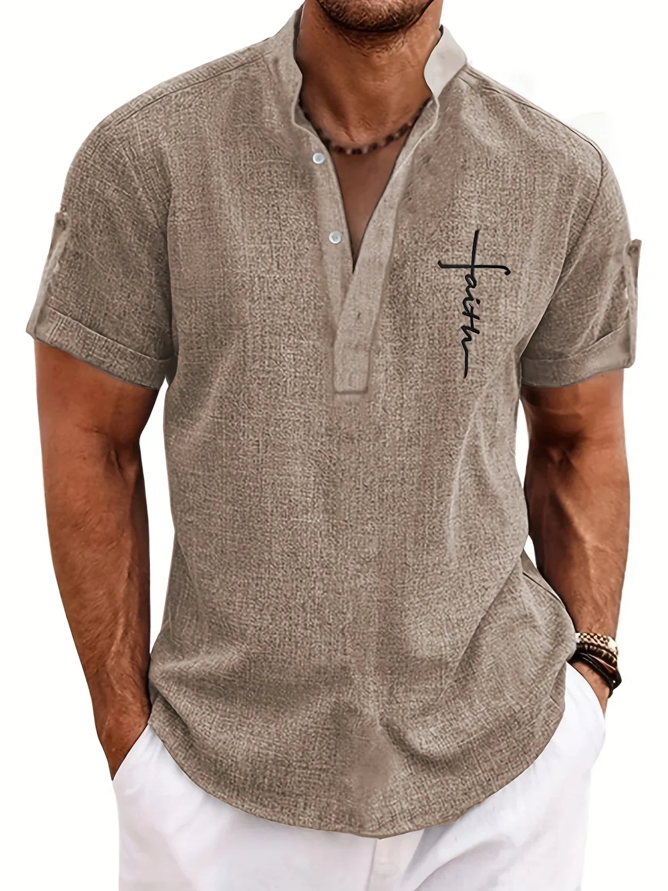Polo Shirt Herren | Leinenlook mit Stehkragen & Faith-Stickerei