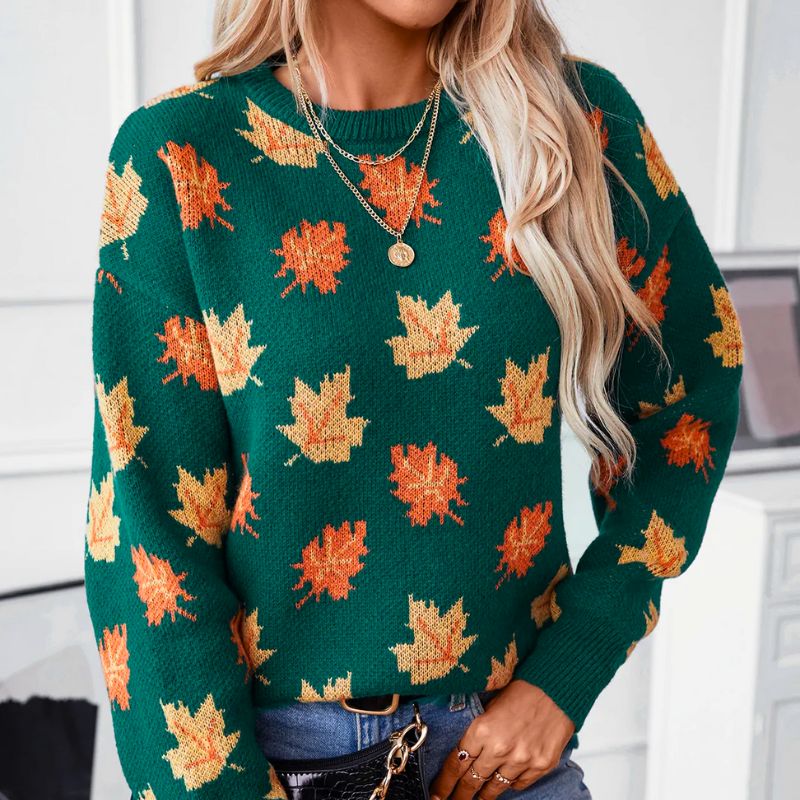 Pullover Damen | Blätter-Dessin & Rundhals-Ausschnitt